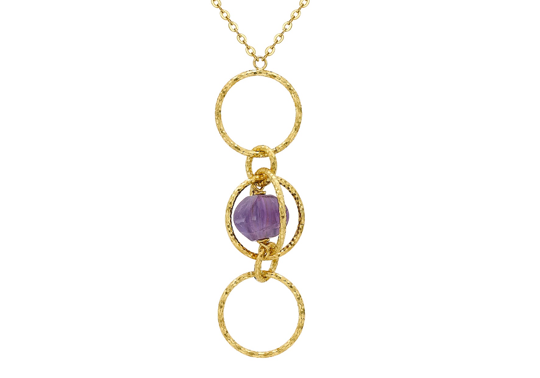 9ct Yellow Gold Ameythst Bead and Diamond Cut Rings Drop Necklace 46m/18"9