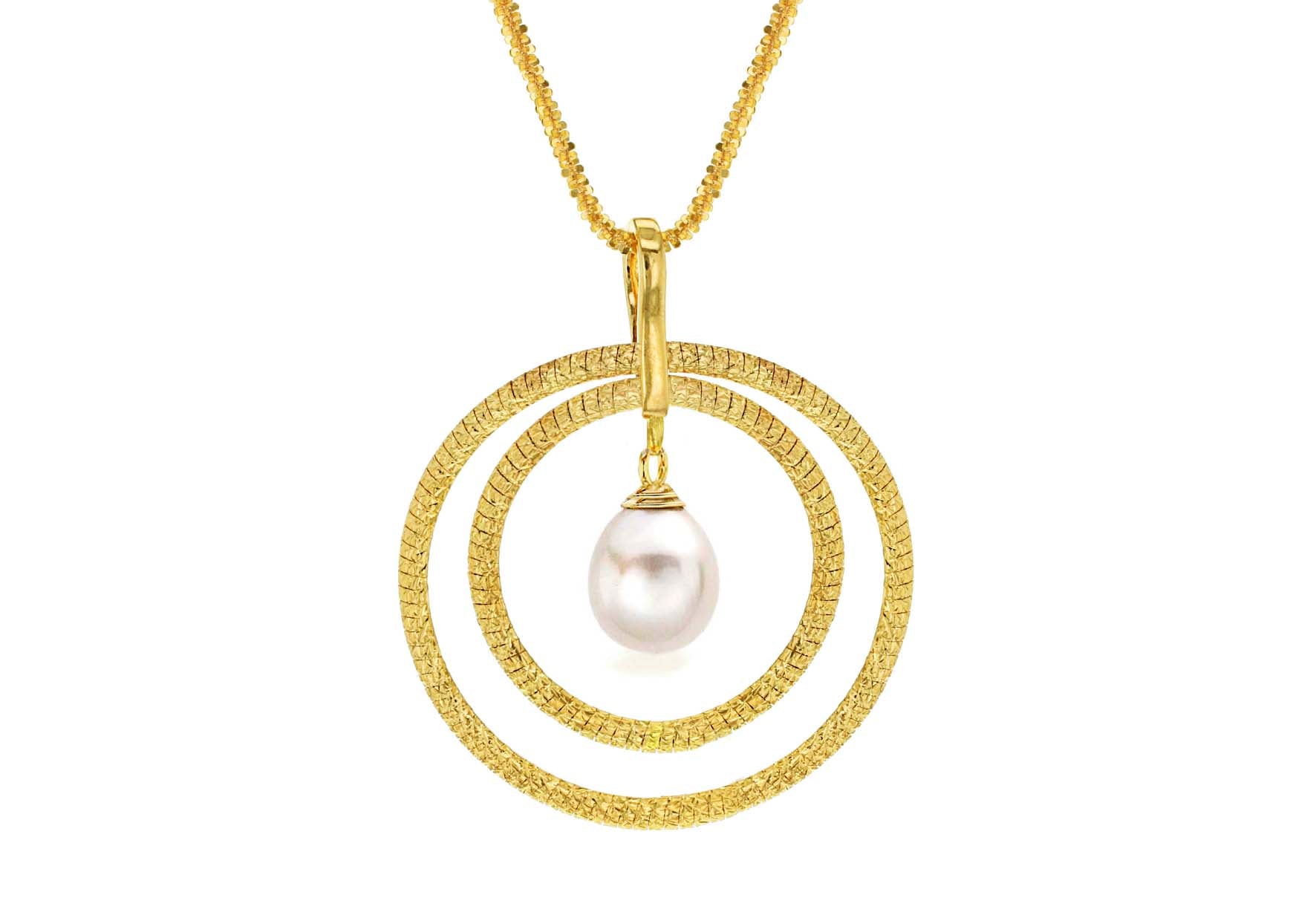 9ct Yellow Gold Pearl and Textured Rings Pendant Heart Slider Necklace 61m/24"9