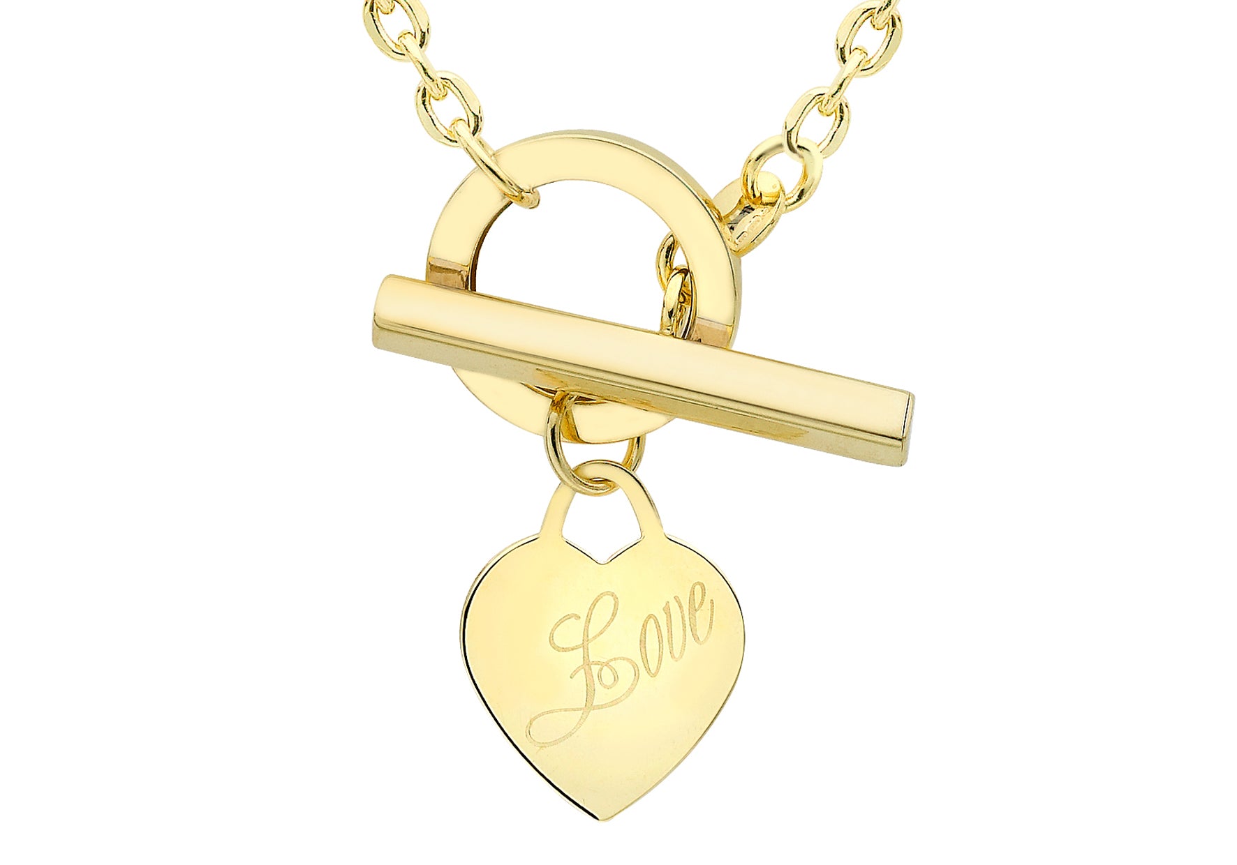 9ct Yellow Gold Heart Tag T-Bar 'Love' Necklace 46m/18"9