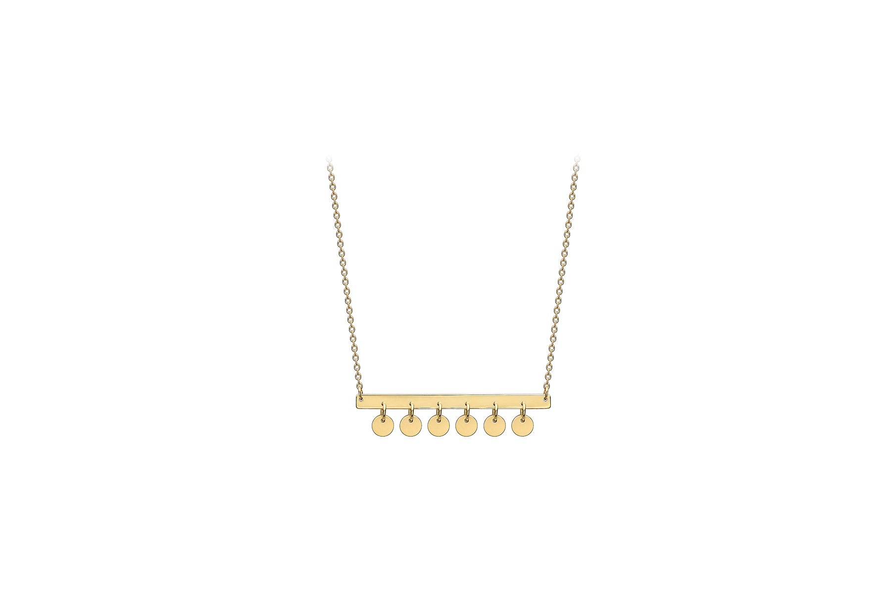 9ct Yellow Gold 30mm x 2.5mm Bar and Hanging 3.4mm Discs Adjustable Necklace 41m/16"-43m/17"9