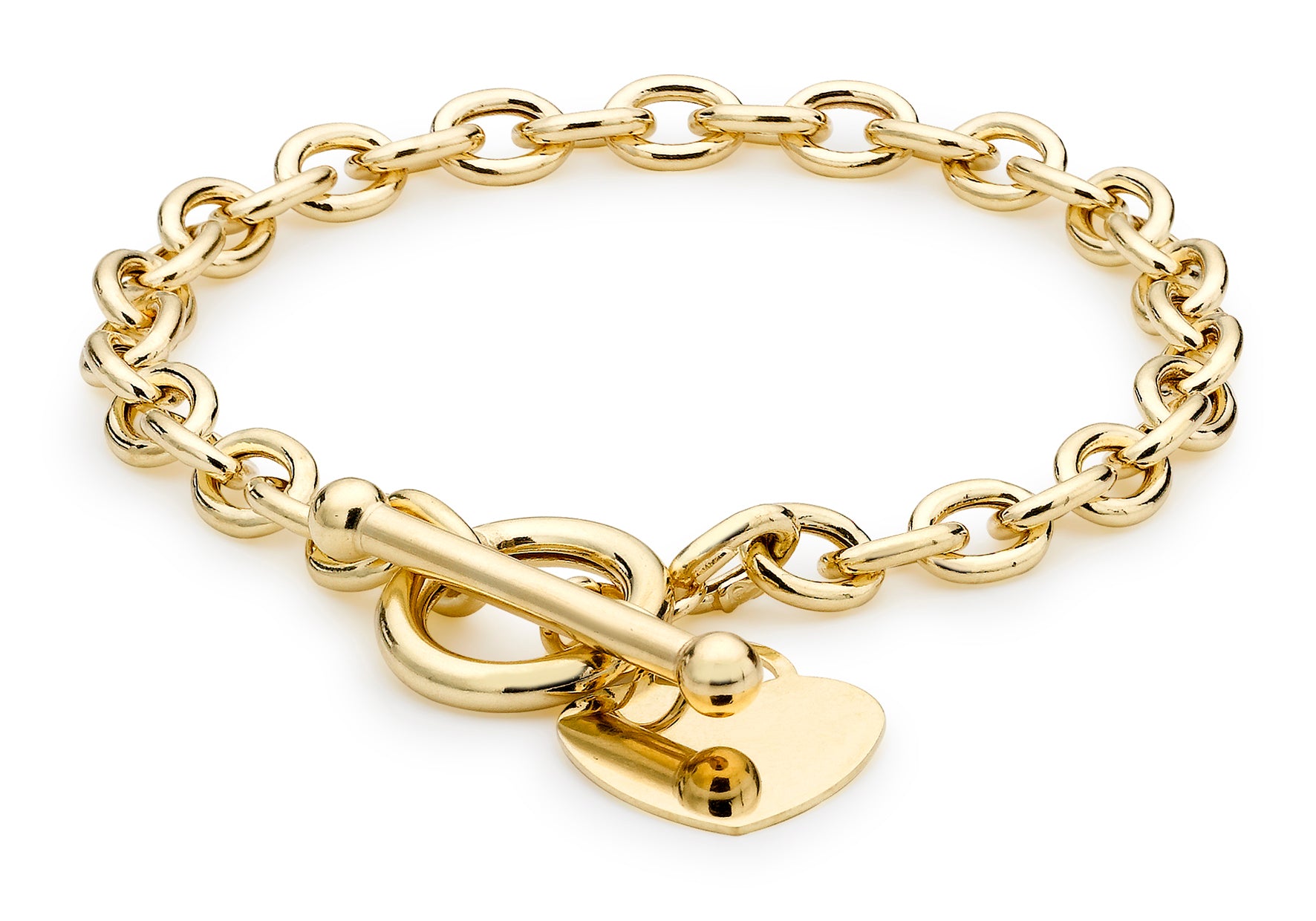 9ct Yellow Gold Oval Belcher Heart Tag T-Bar Bracelet