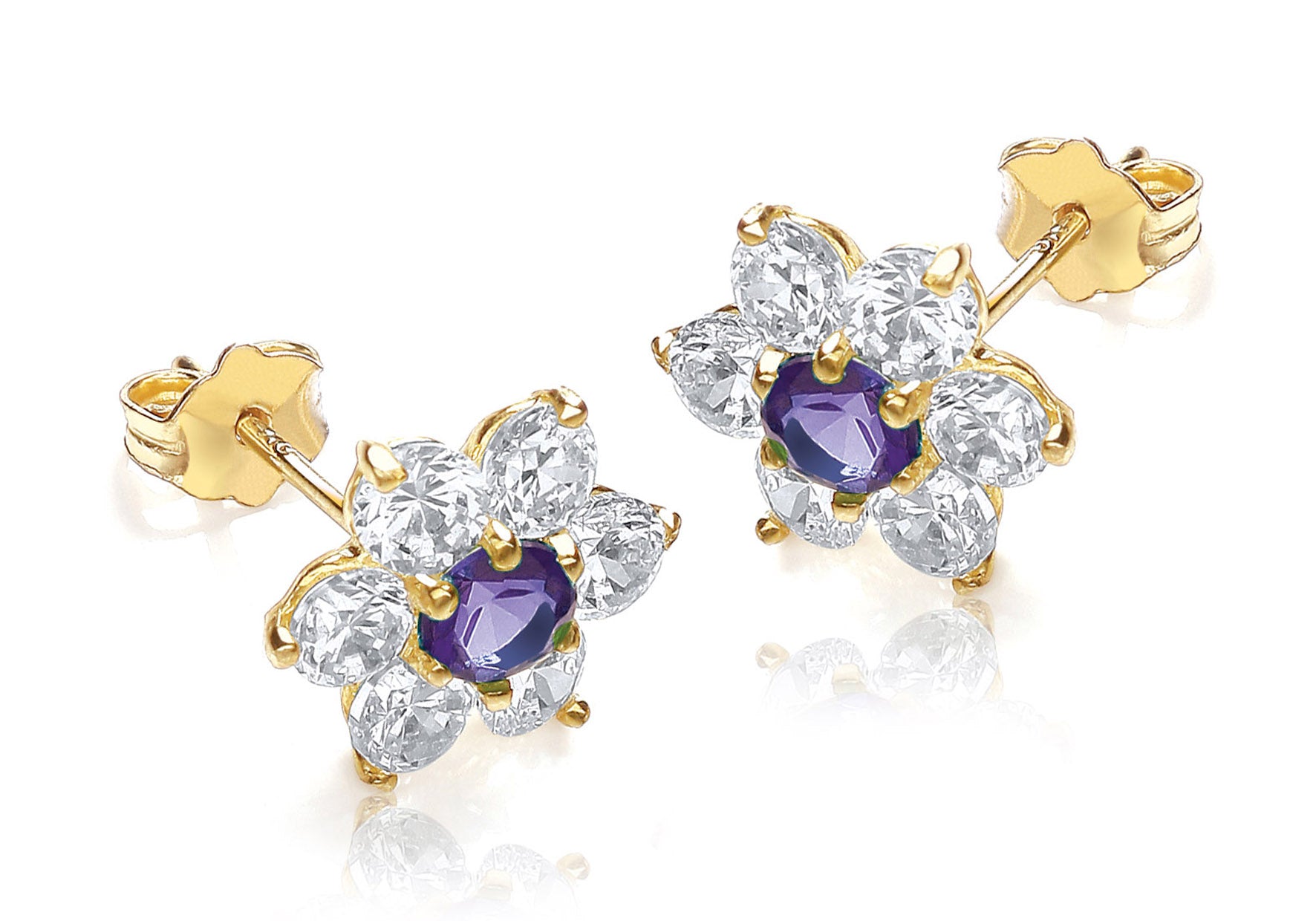 9ct Yellow Gold Purple and White Zirconia 10mm x 10mm Flower Cluster Stud Earrings