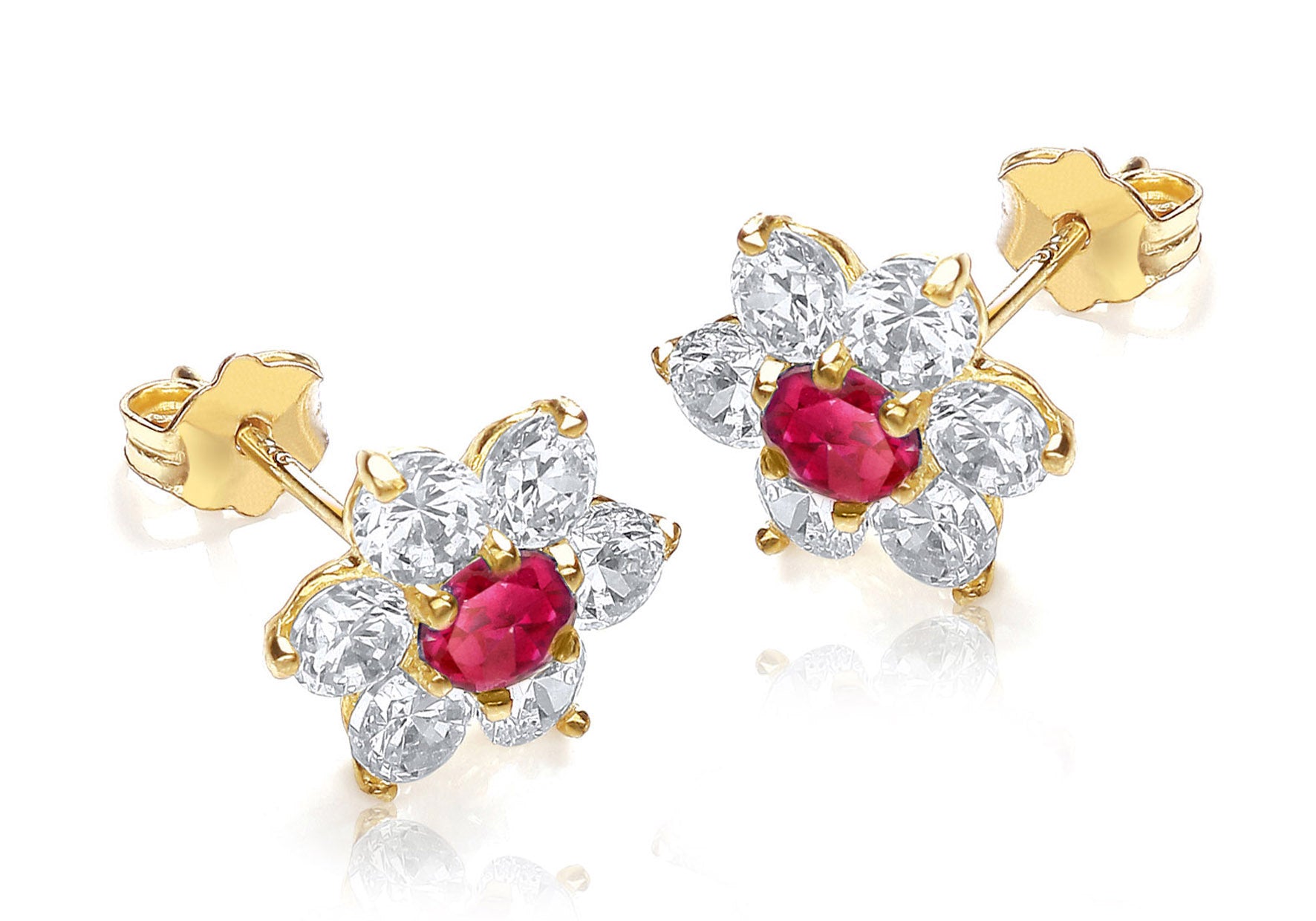 9ct Yellow Gold Red and White Zirconia 10mm x 10mm Flower Cluster Stud Earrings