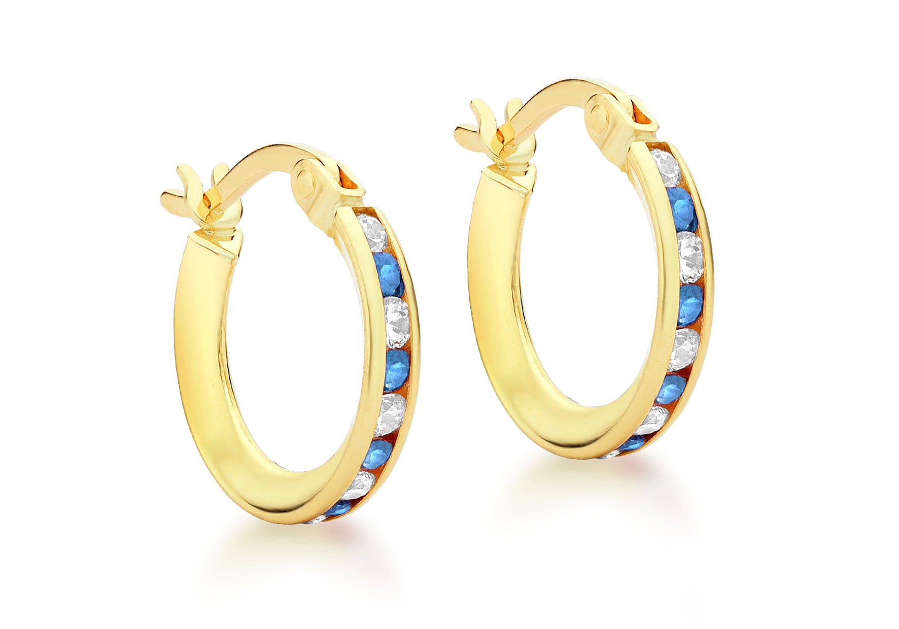 9ct Yellow Gold 14mm Blue and White Zirconia Creole Earrings