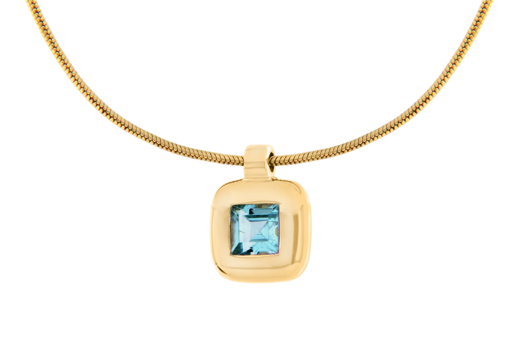 9ct Yellow Gold Square Blue Topaz Pendant on Snake Chain Necklace 41m/16"9