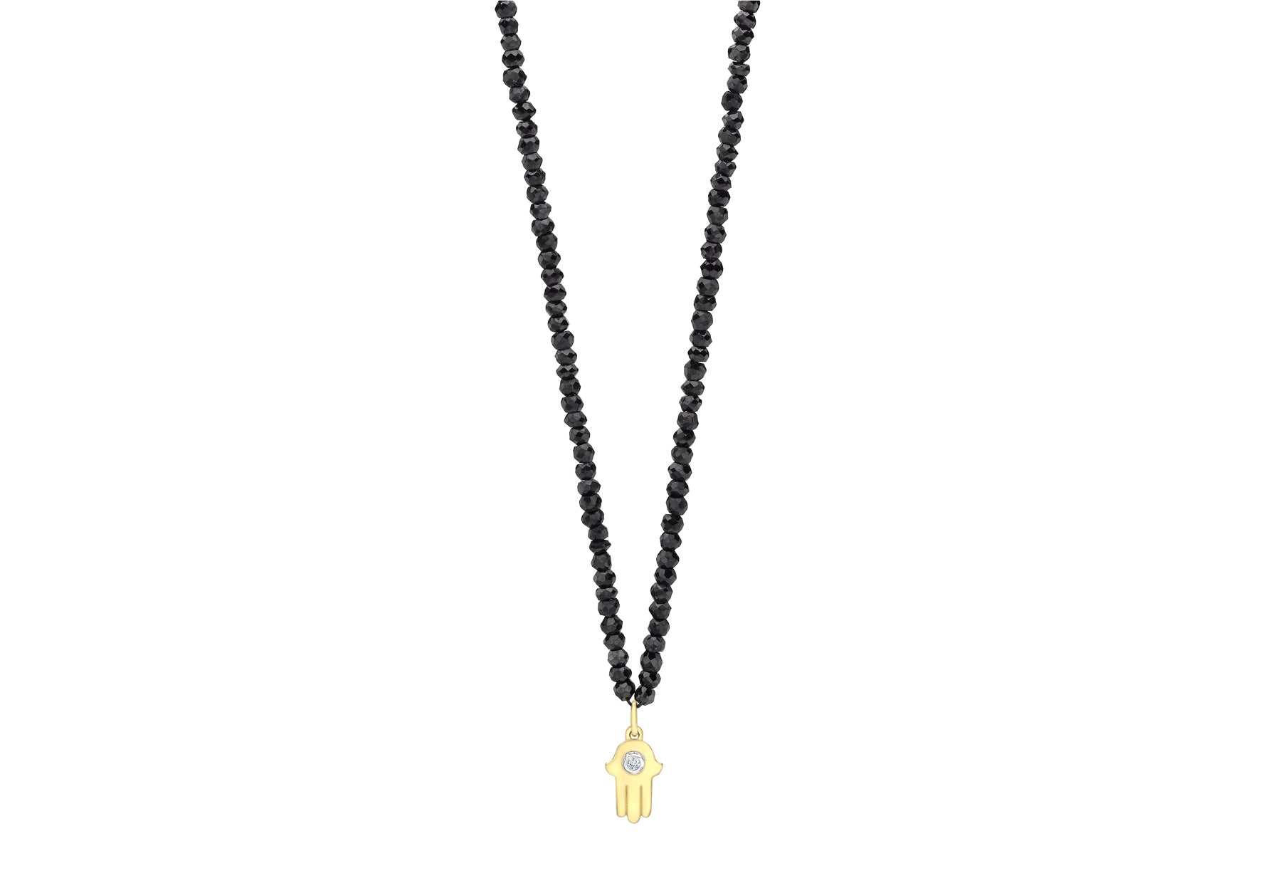 9ct Yellow Gold 0.01t Diamond Set Hamsa Hand Pendant on Black Spinel Necklace 44m/17.5"9