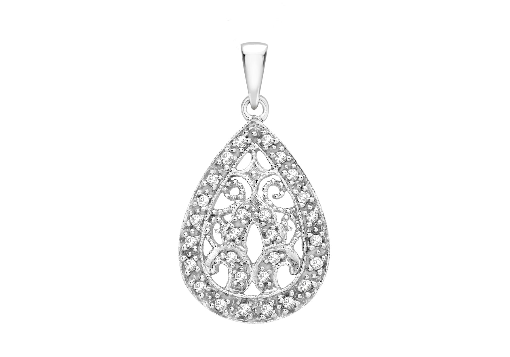 9ct White Gold 0.15t Diamond Filigree Teardrop Pendant