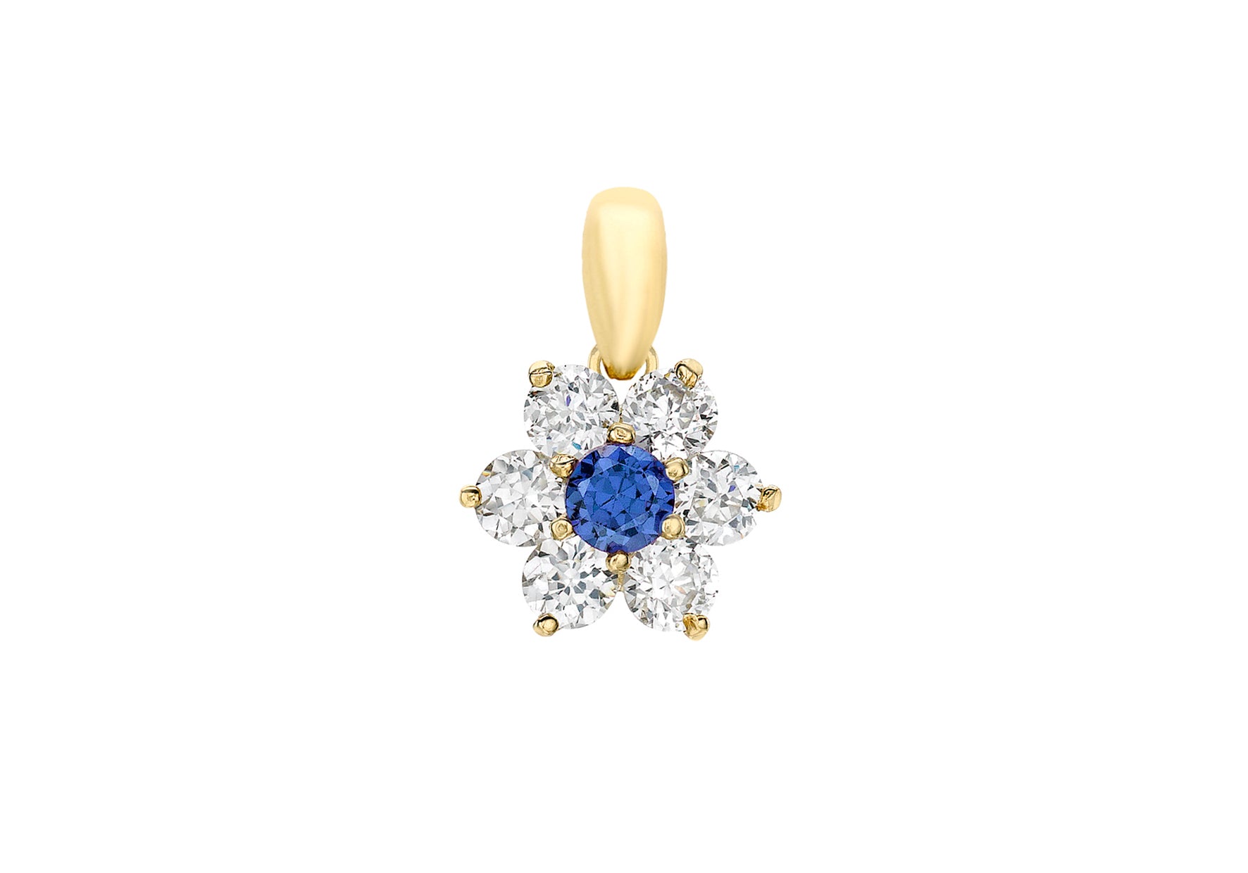 9ct Yellow Gold Blue and White Zirconia 9mm x 13mm Flower Cluster Pendant