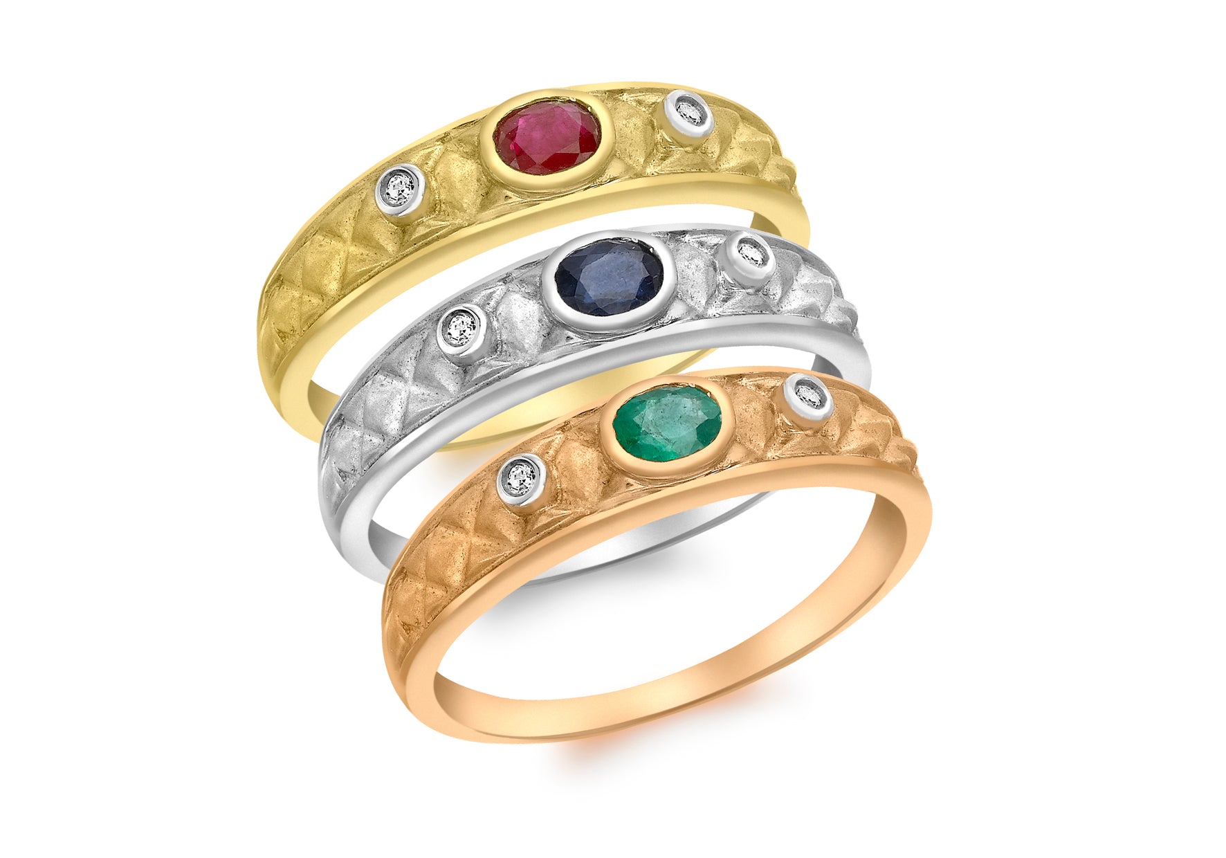 9ct 3-Colour Gold 0.04ct Diamond Emerald Ruby and Sapphire Satin Ring Set