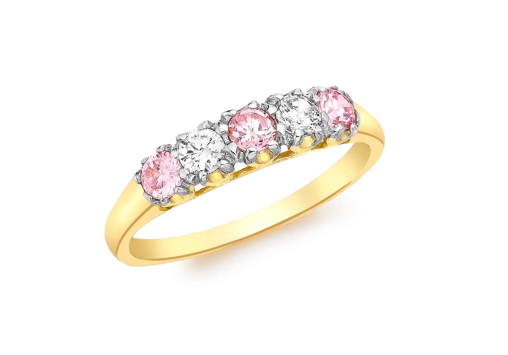 9ct Yellow Gold 5-Stone Pink and White Zirconia Ring