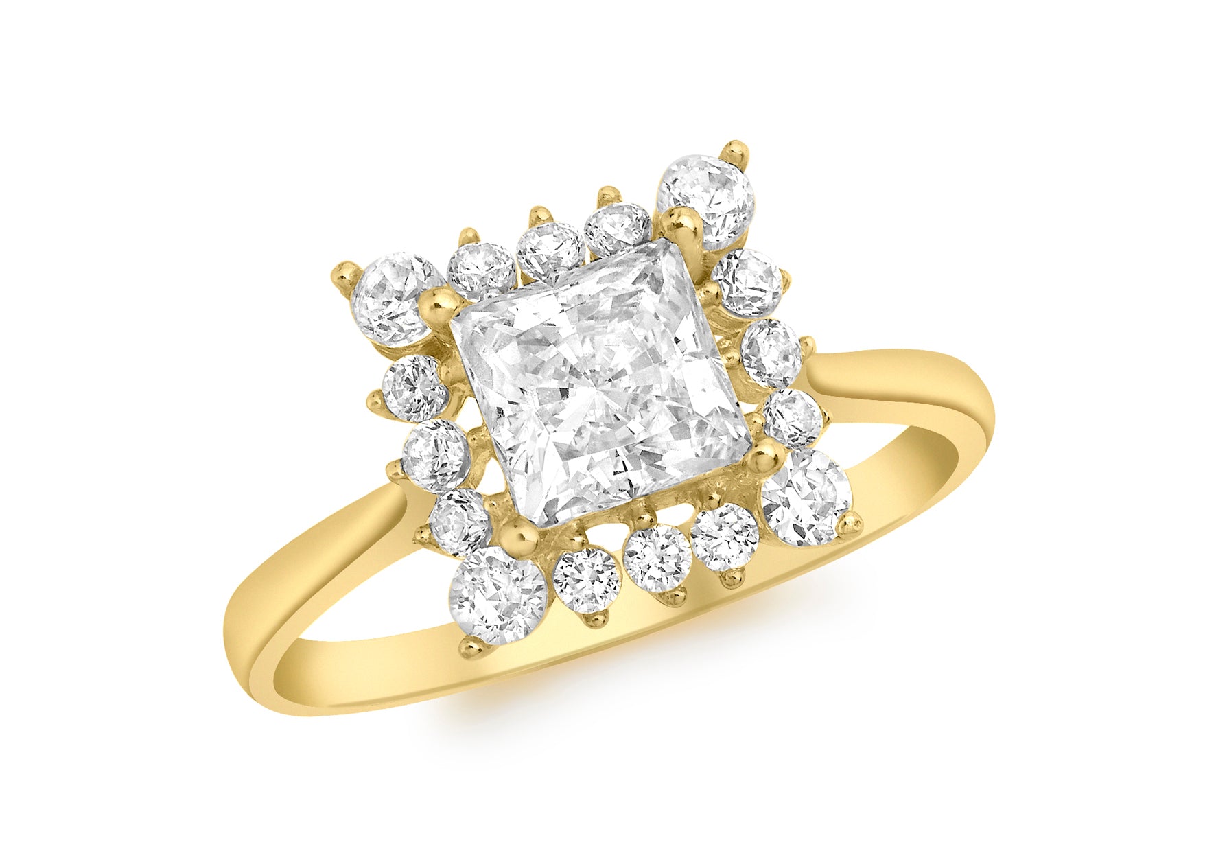 9ct Yellow Gold Princess Cut Zirconia with Surrounding Round Zirconia Ring