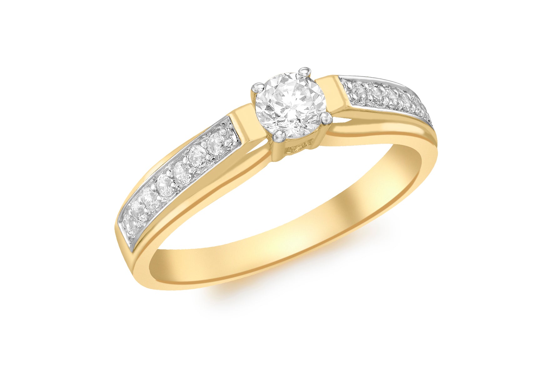 9ct Yellow Gold Small Soliatire Zirconia and Zirconia Shoulder Ring