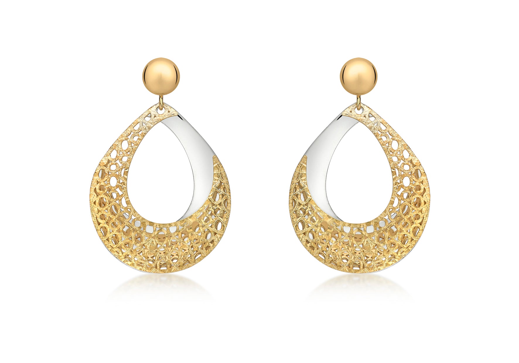 9ct 2-Colour Gold Teardrop Fretwork Drop Earrings