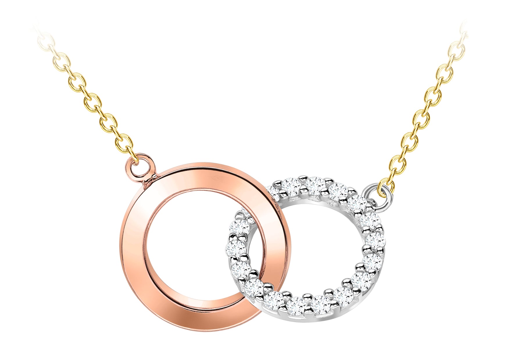 9ct 3-Colour Gold Zirconia Linked Rings Adjustable Necklace 41m/16"-46m/18"9