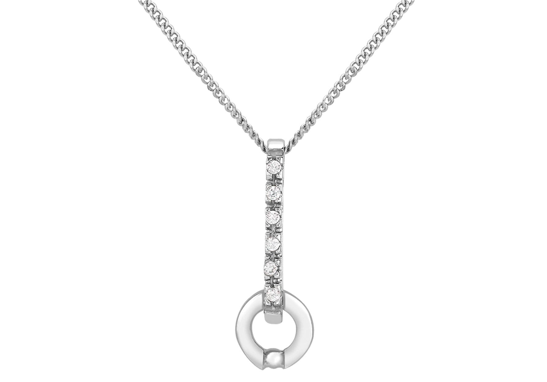 9ct White Gold Zirconia Bar and Circle Drop Pendant on Chain Necklace