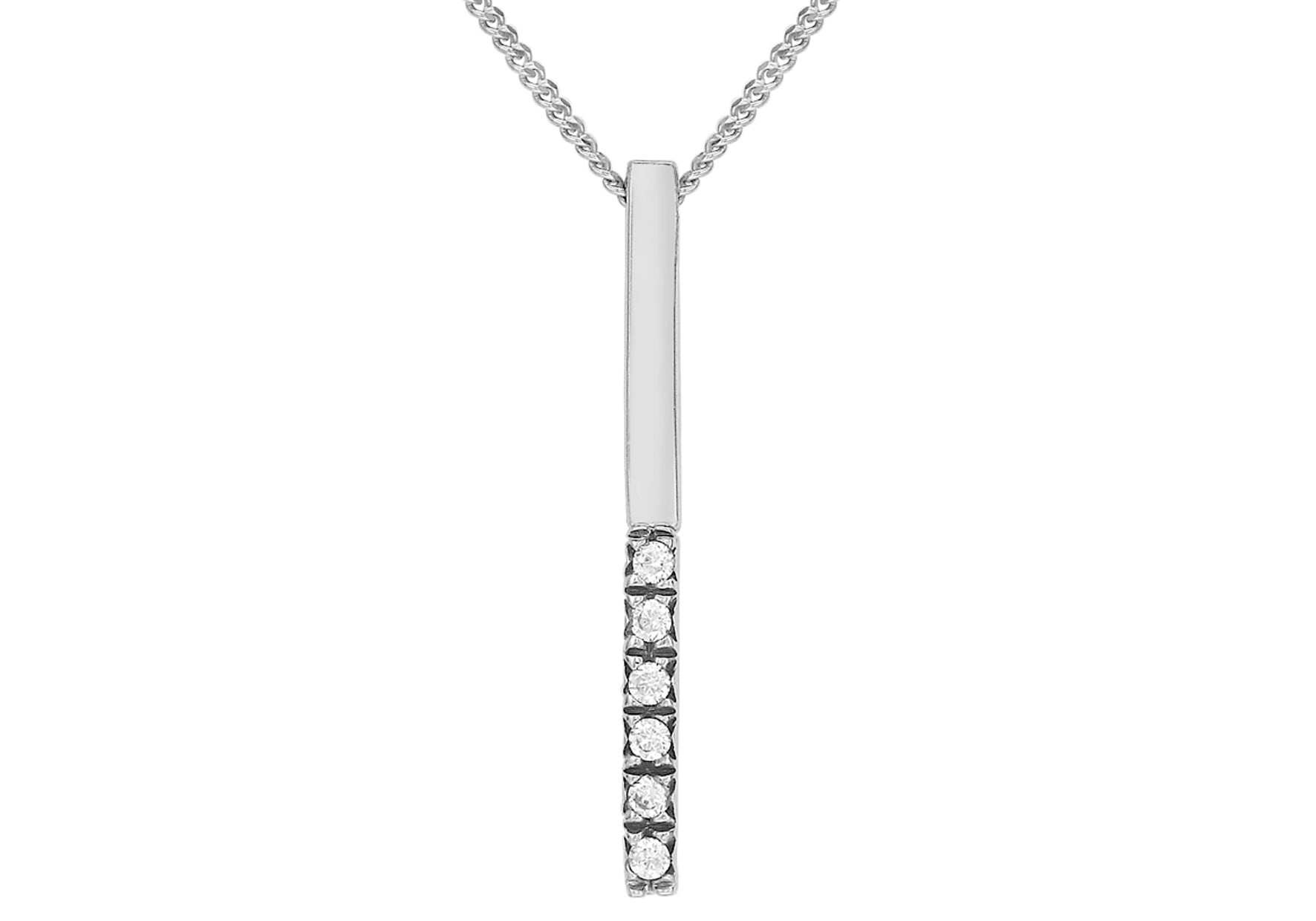 9ct White Gold Zirconia Bar Drop Pendant on Chain Necklace