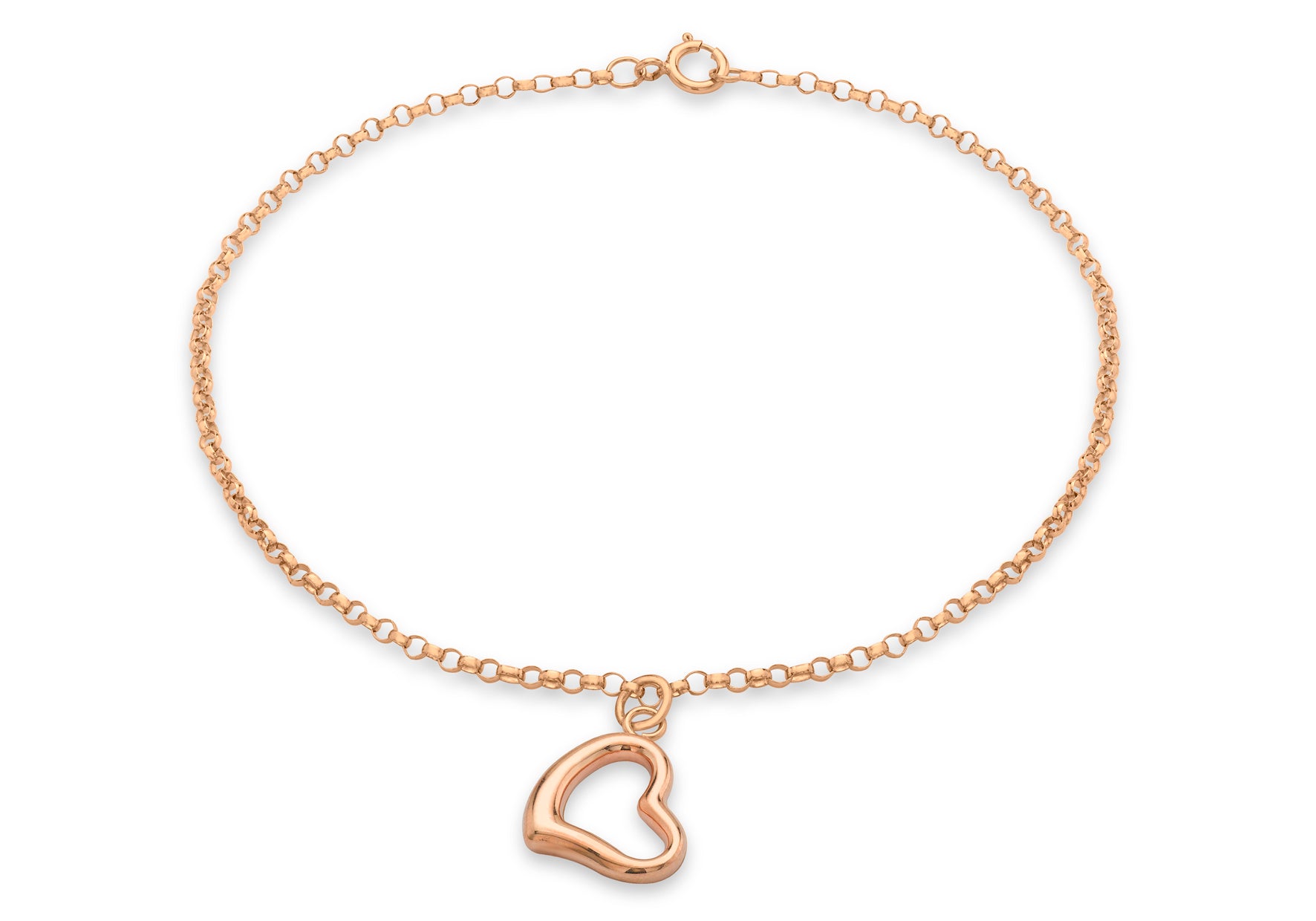 9ct Rose Gold Heart Charm Round Belcher Chain Bracelet