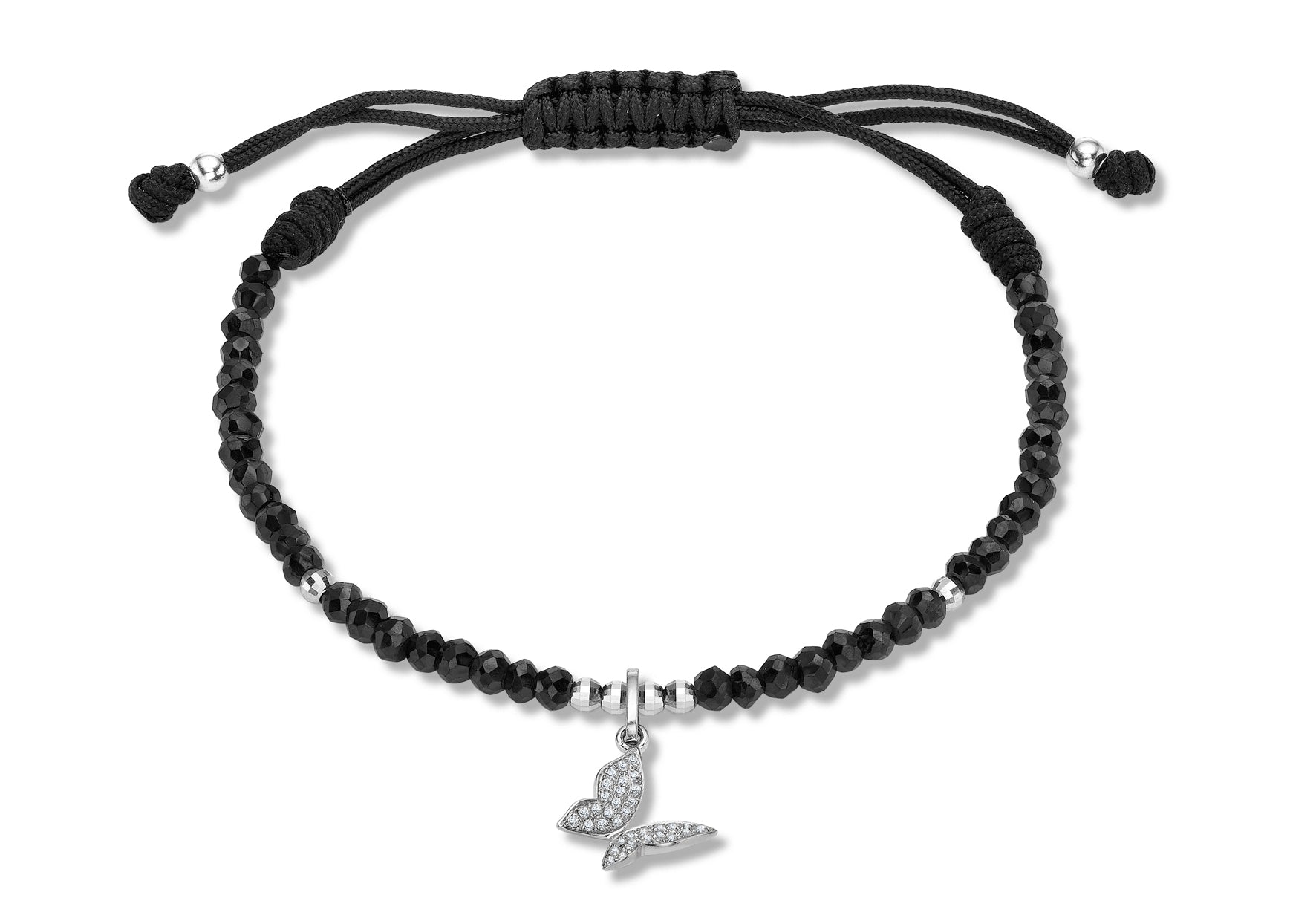 9ct White Gold 0.11ct Diamond Butterfly Adjustable Black Spinel Bracelet