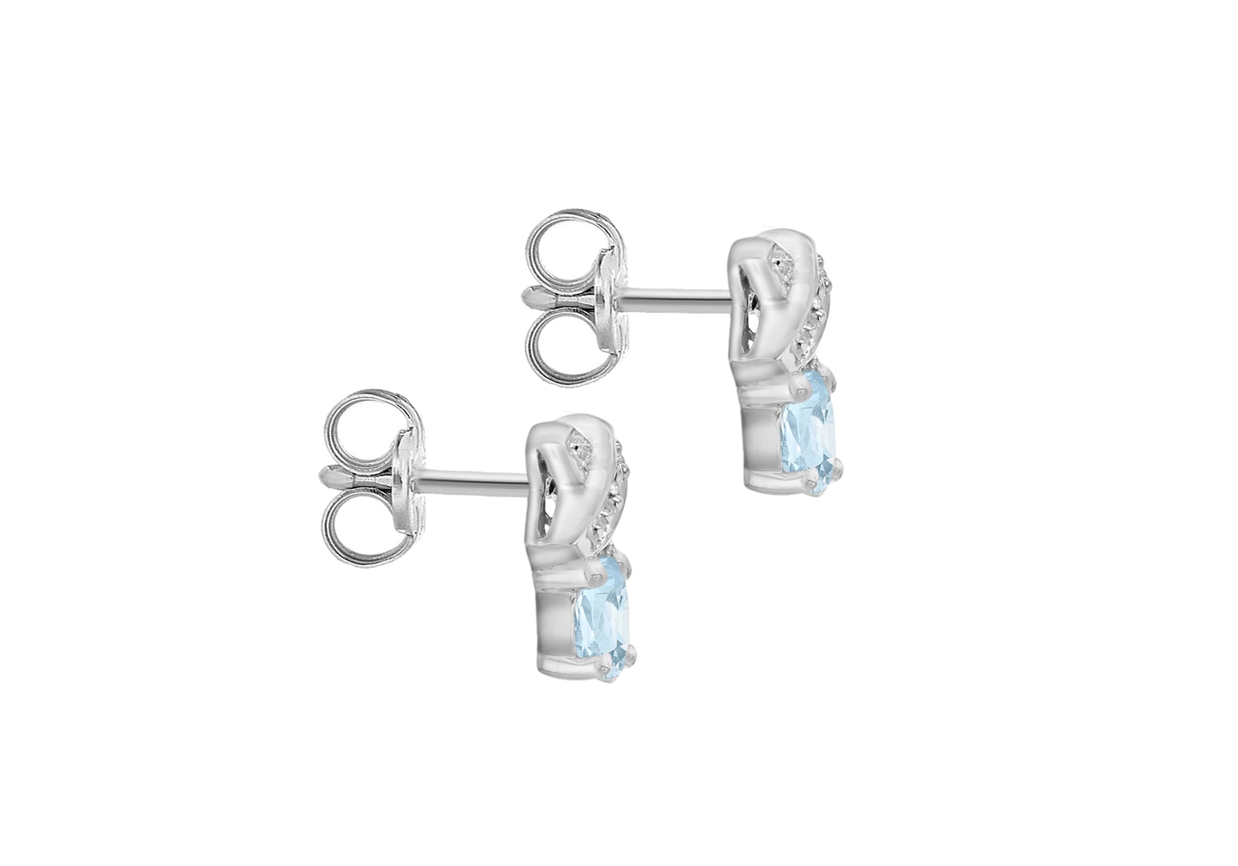9ct White Gold 0.01ct Diamond and Aquamarine Kiss Stud Earrings