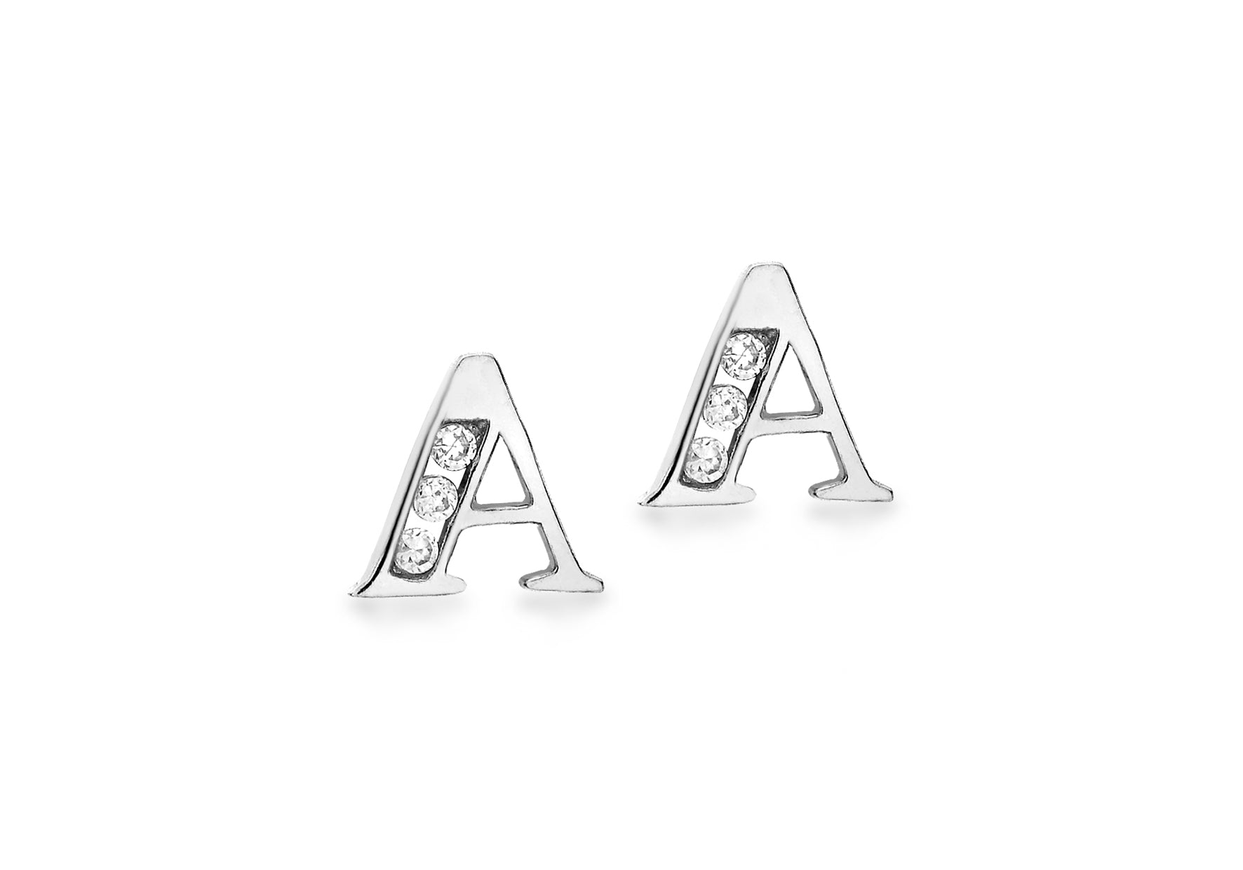 9ct White Gold Zirconia 7mm x 6mm 'A' Initial Stud Earrings