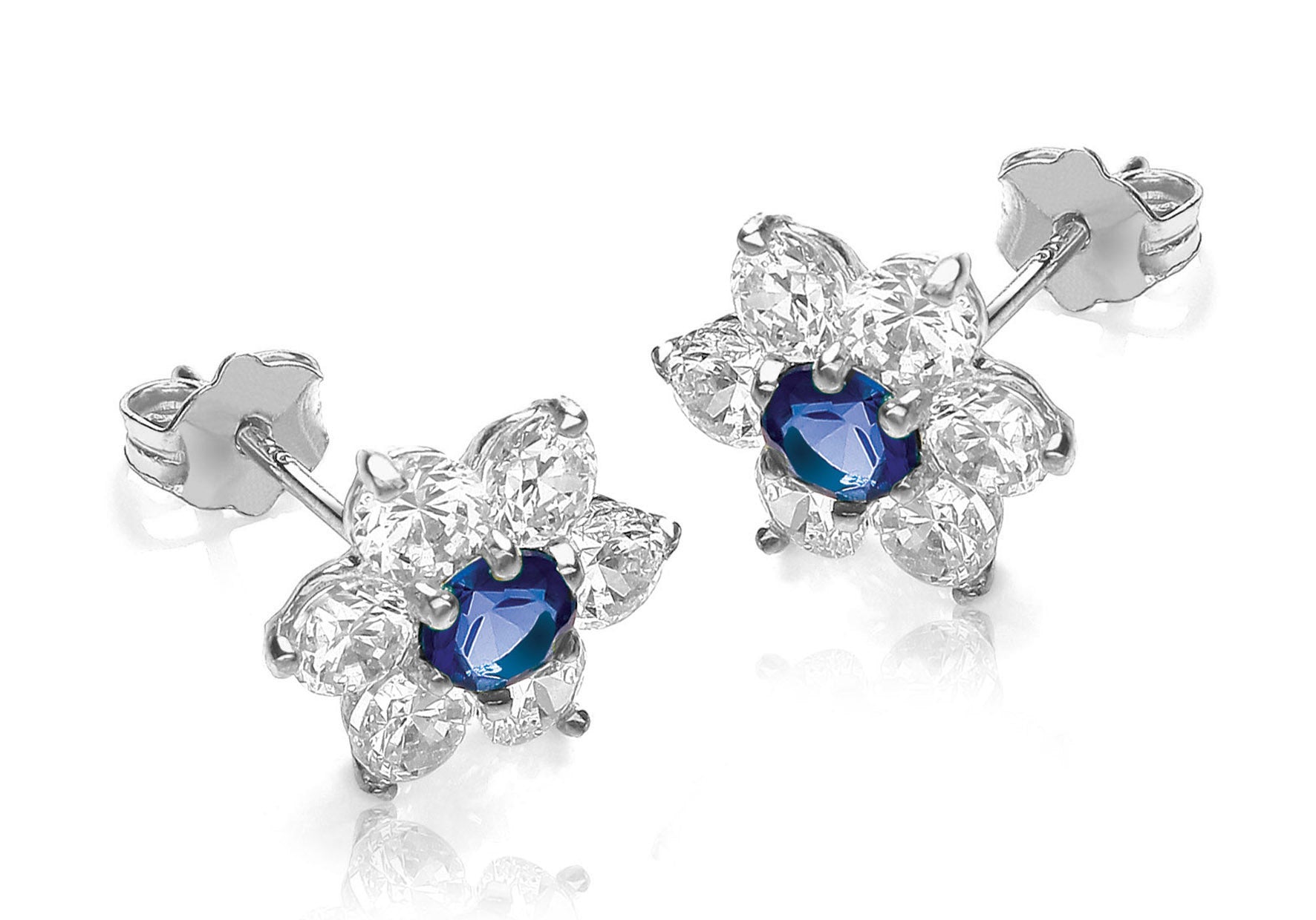 9ct White Gold Blue and White Zirconia 10mm x 10mm Flower Cluster Stud Earrings