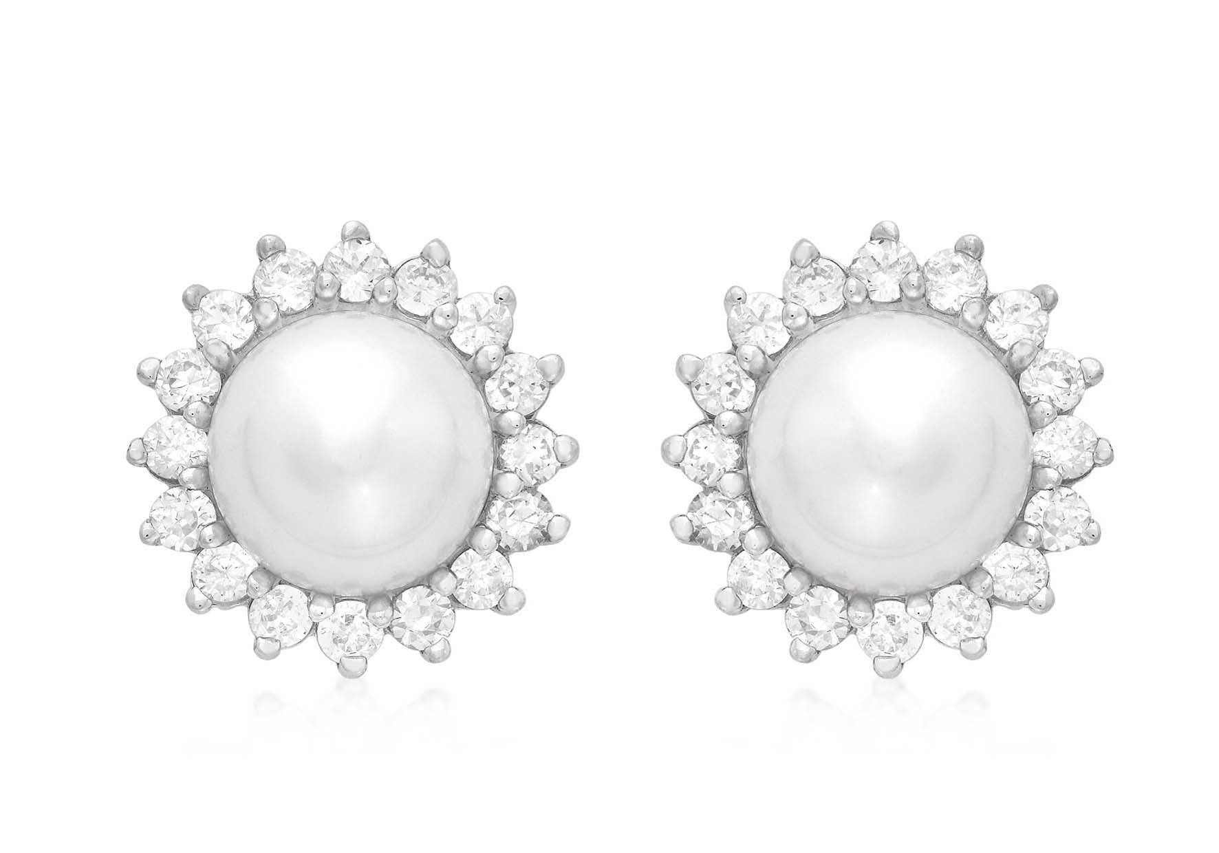 9ct White Gold 12mm Pearl and Zirconia Cluster Stud Earrings