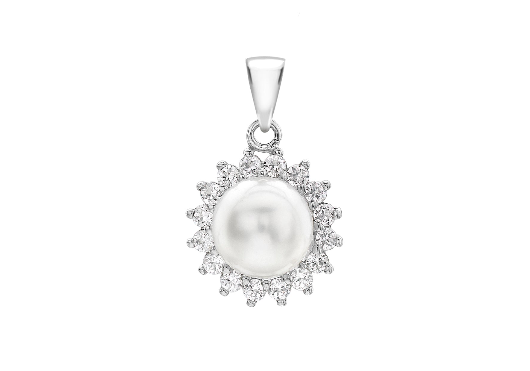 9ct White Gold 8mm Pearl and Zirconia Cluster Pendant