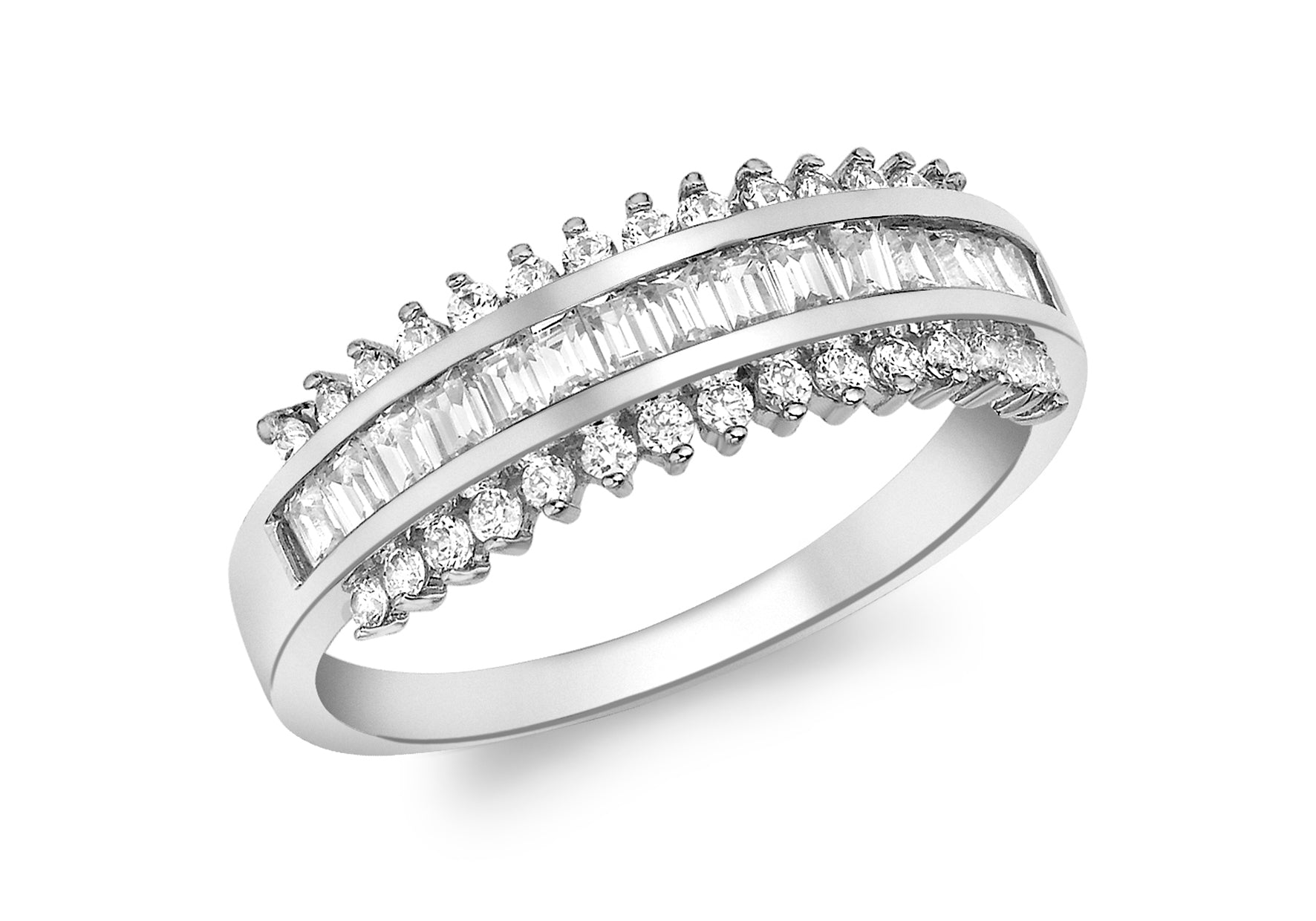 9ct White Gold Zirconia Baguette with Round Zirconia Surrounding Band Ring