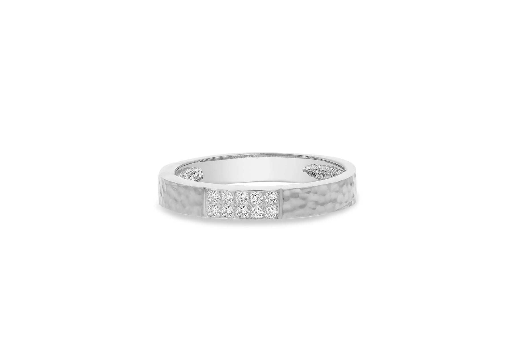 9ct White Gold 0.10ct Diamond Paved Hammered Band Ring