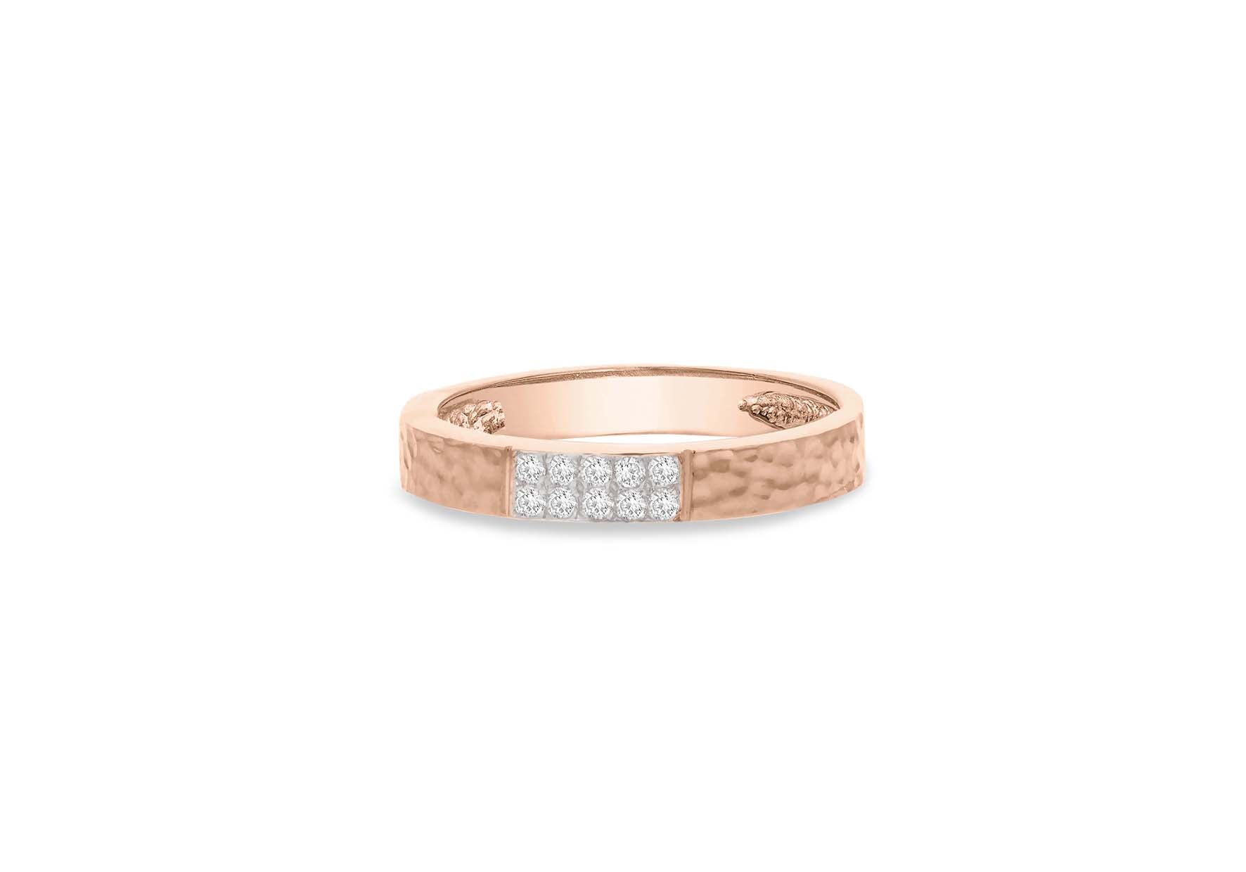 9ct Rose Gold 0.10ct Diamond Paved Hammered Band Ring