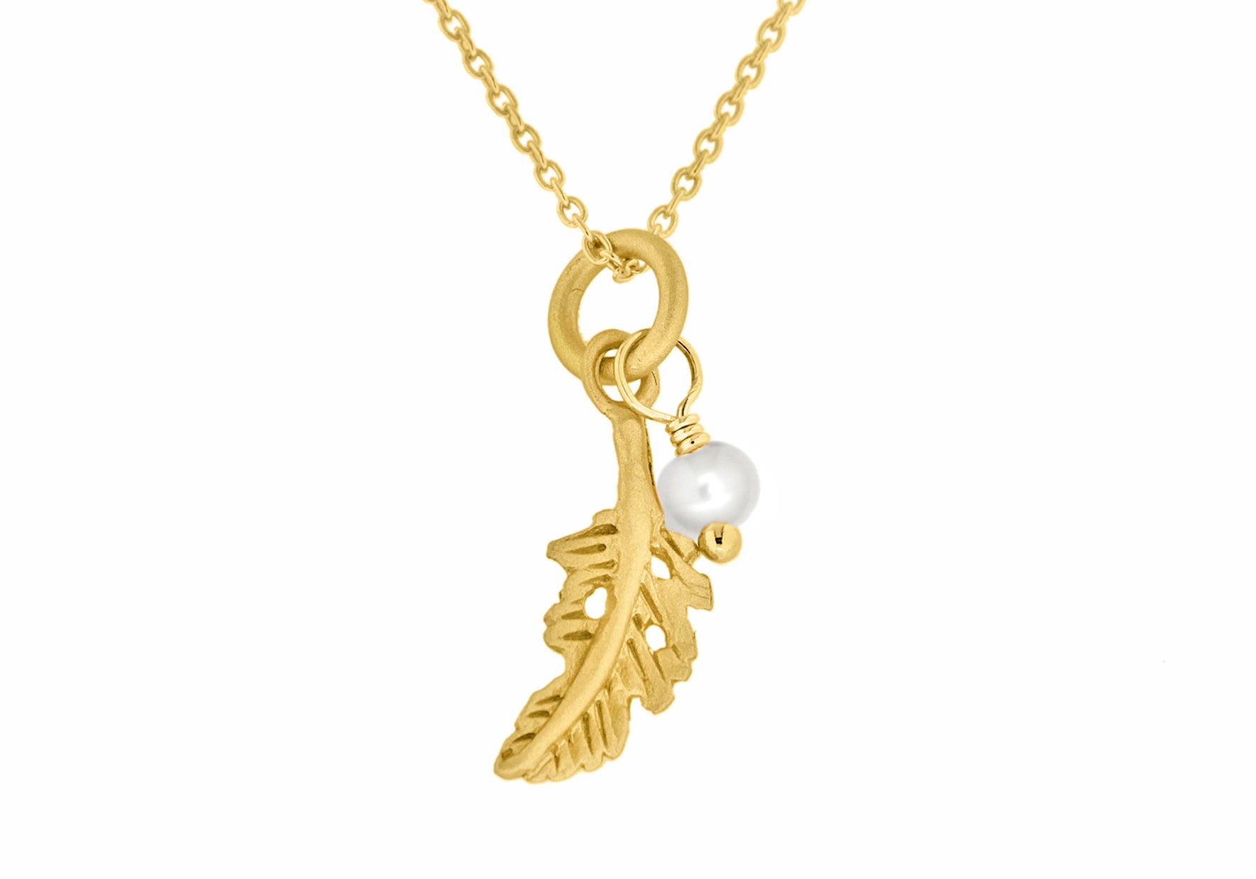 Sterling Silver Gold Plated Feather and Pearl Adjustable Necklace 38m/15" - 46m/18"9
