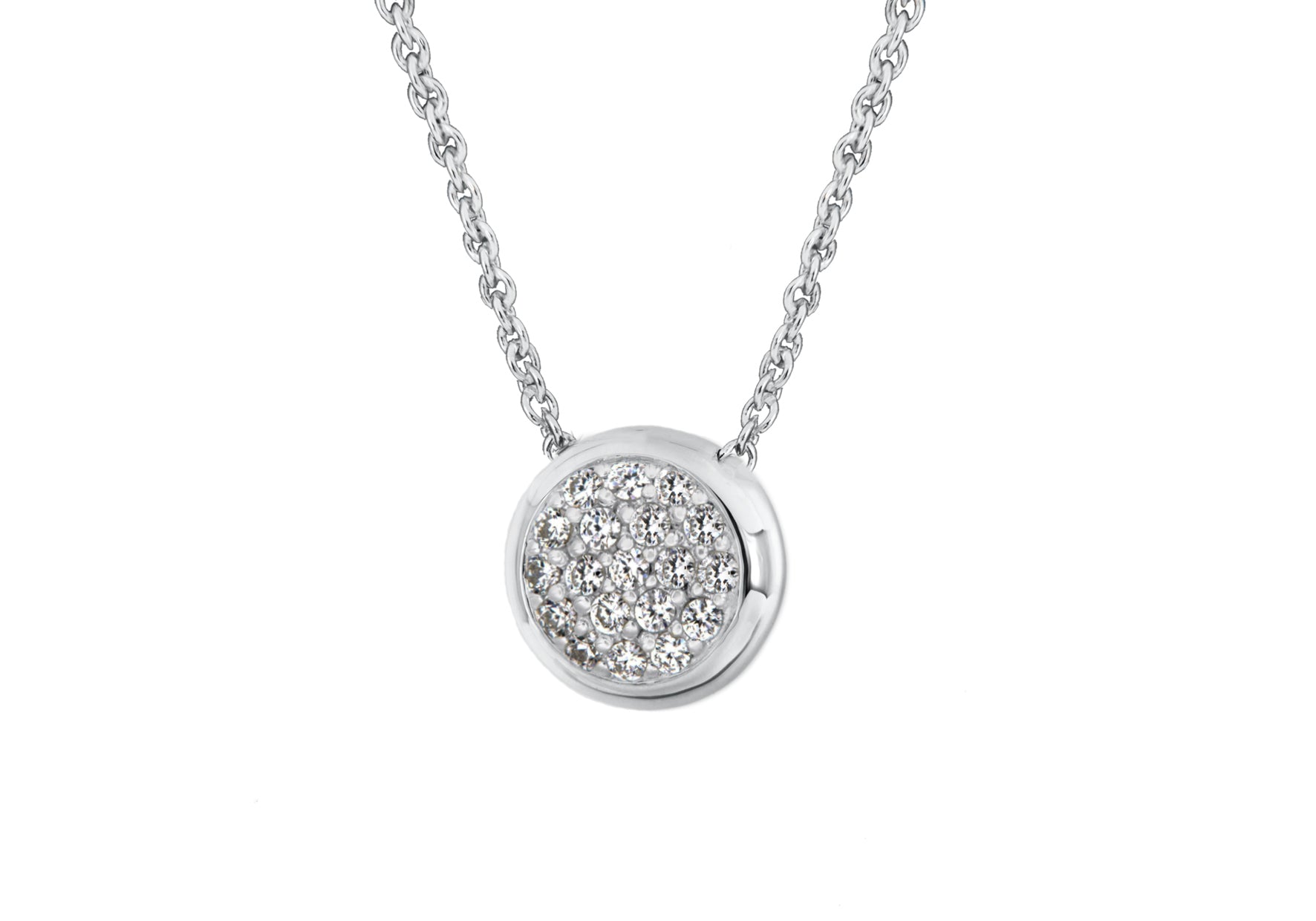 Sterling Silver Rhodium Plated Zirconia Disc Pendant on Adjustable Chain Necklace 41m/16" - 46m/18"9
