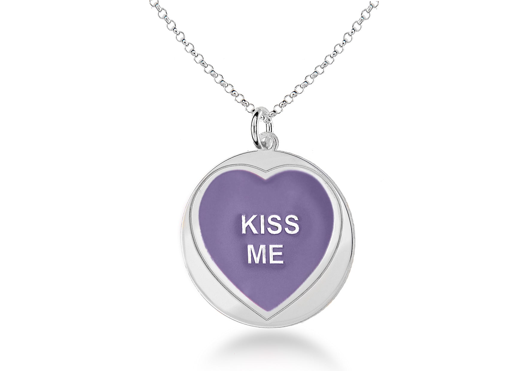 Sterling Silver 'Kiss Me' Purple Heart Disc Pendant on Chain Necklace 46m/18"9