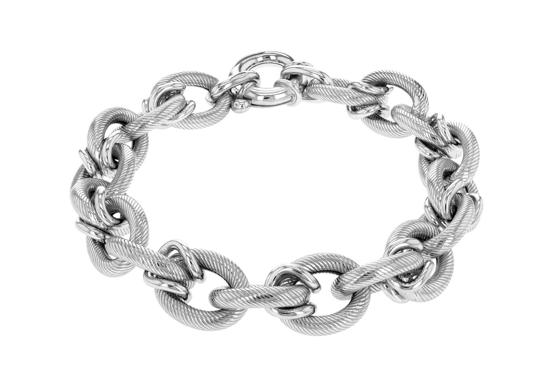 Sterling Silver Rhodium Plated Textured Round Oval Belcher Bracelet