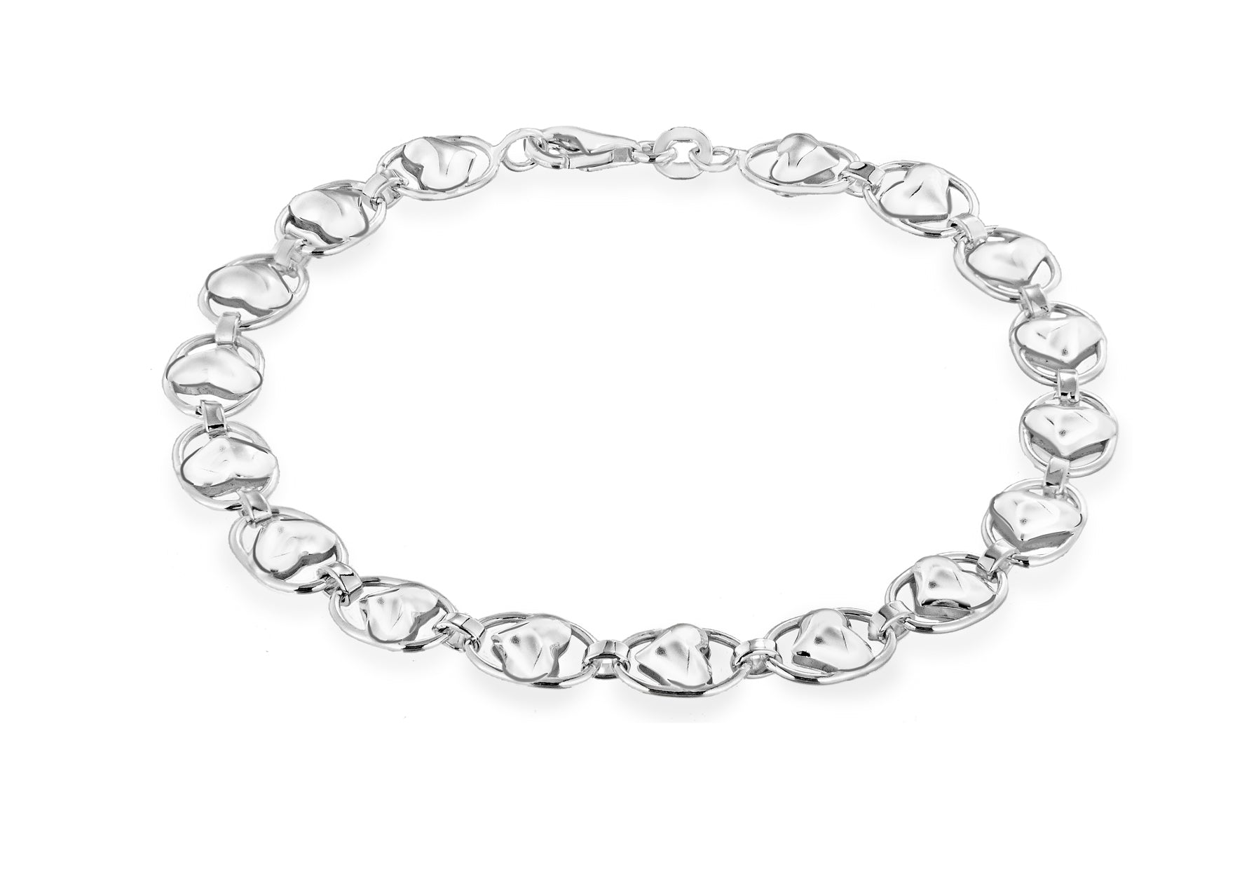 Sterling Silver Oval Link and Hearts Bracelet 18m/7"9