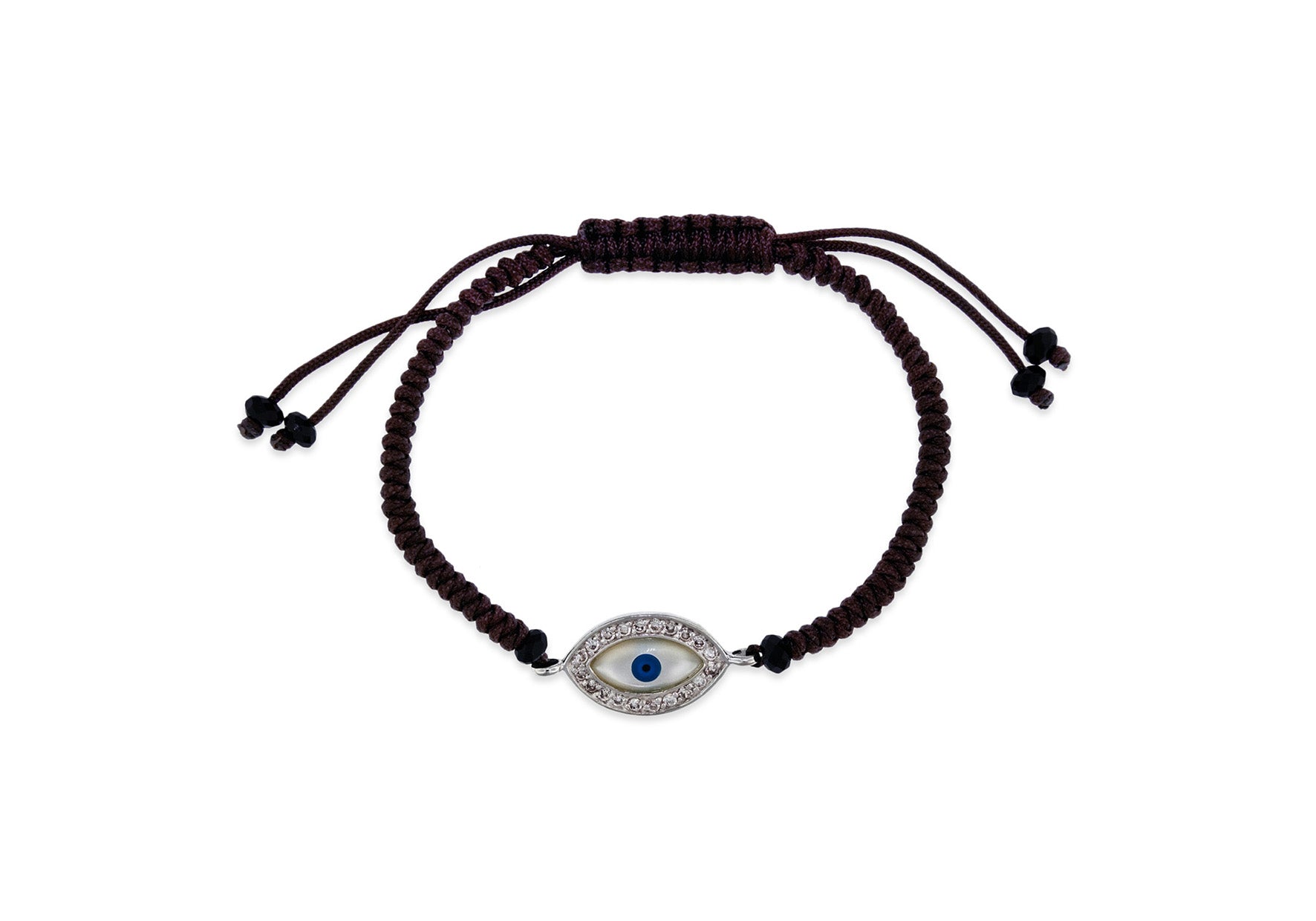 Sterling Silver Zirconia Evil Eye on Brown otton Adjustable Bracelet