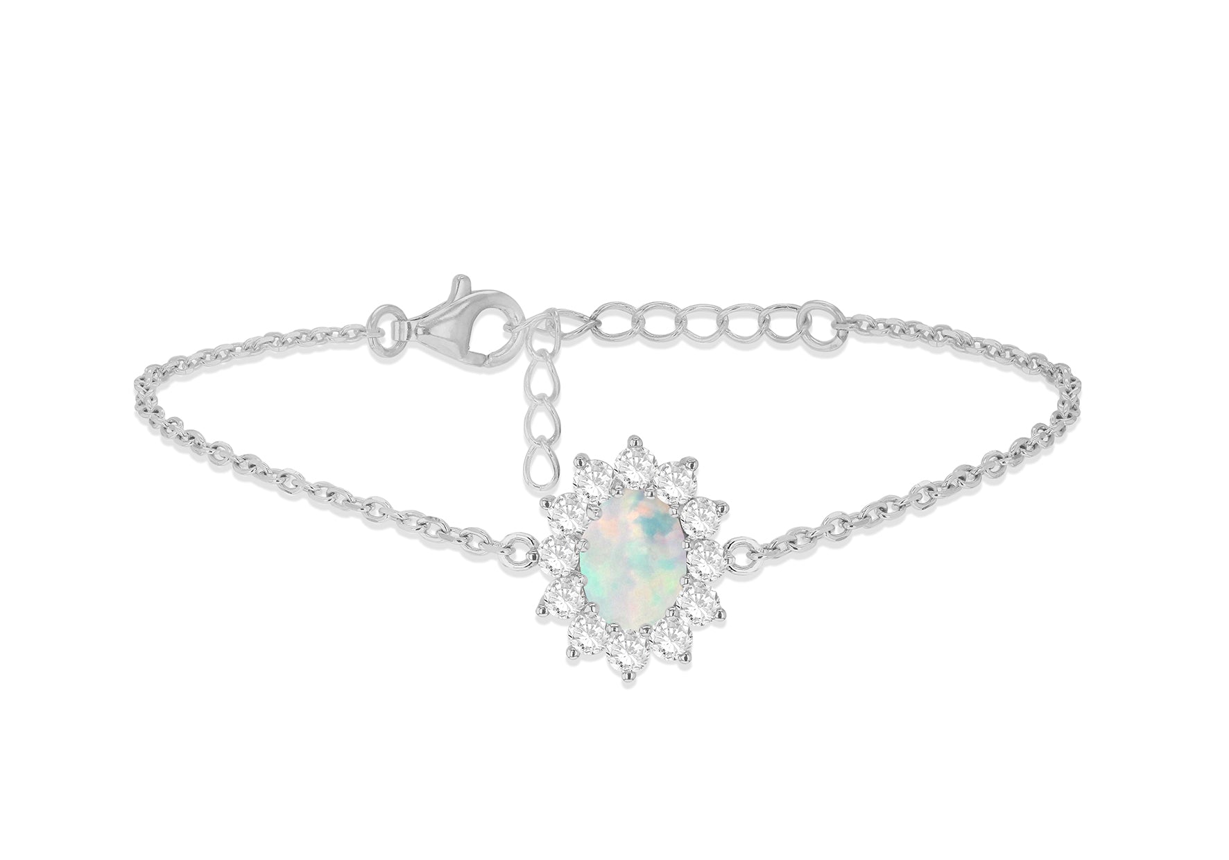 Sterling Silver Opal & White Zirconia Flower Cluster Bracelet