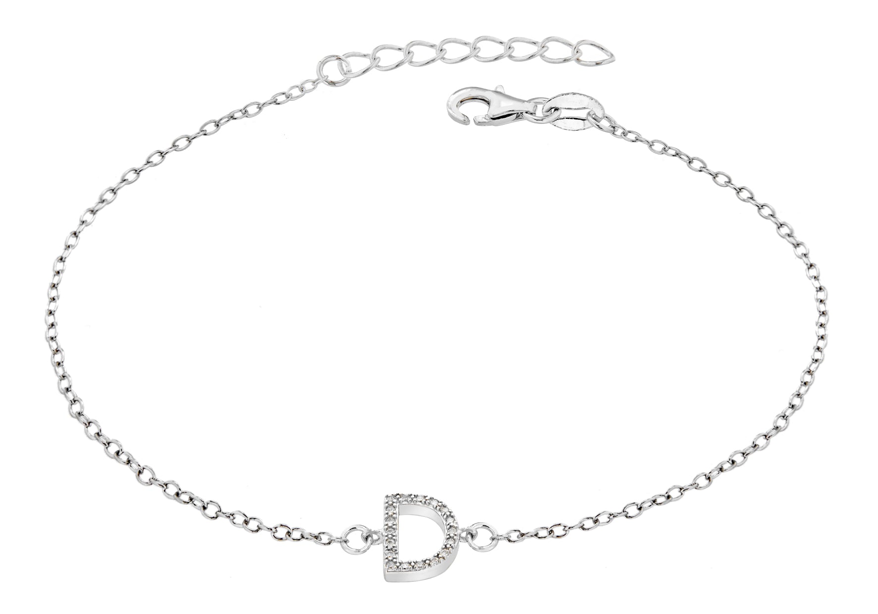 Sterling Silver Rhodium Plated Zirconia 'D' Initial Bracelet 19m/7.5"9