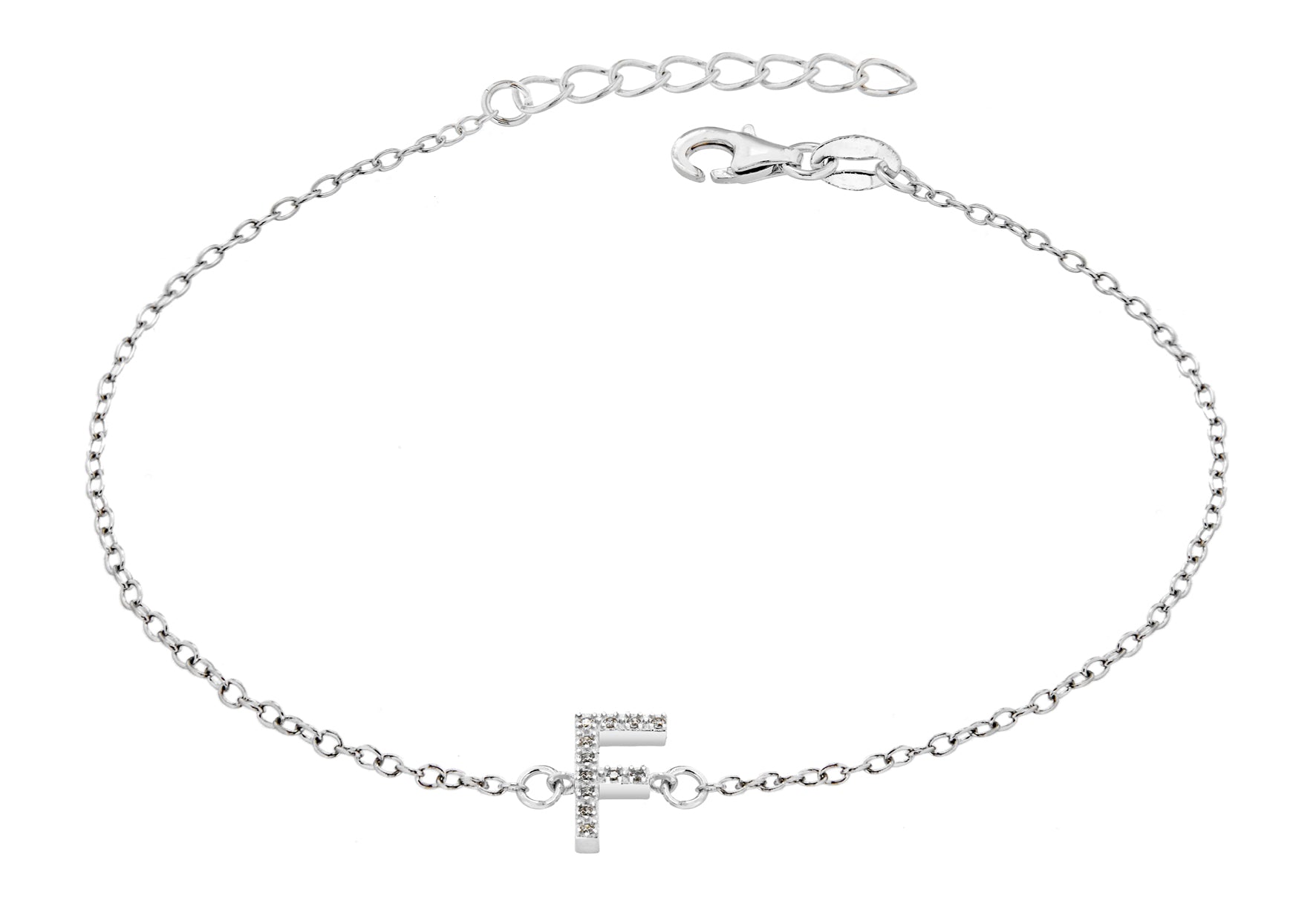 Sterling Silver Rhodium Plated Zirconia 'F' Initial Bracelet 19m/7.5"9