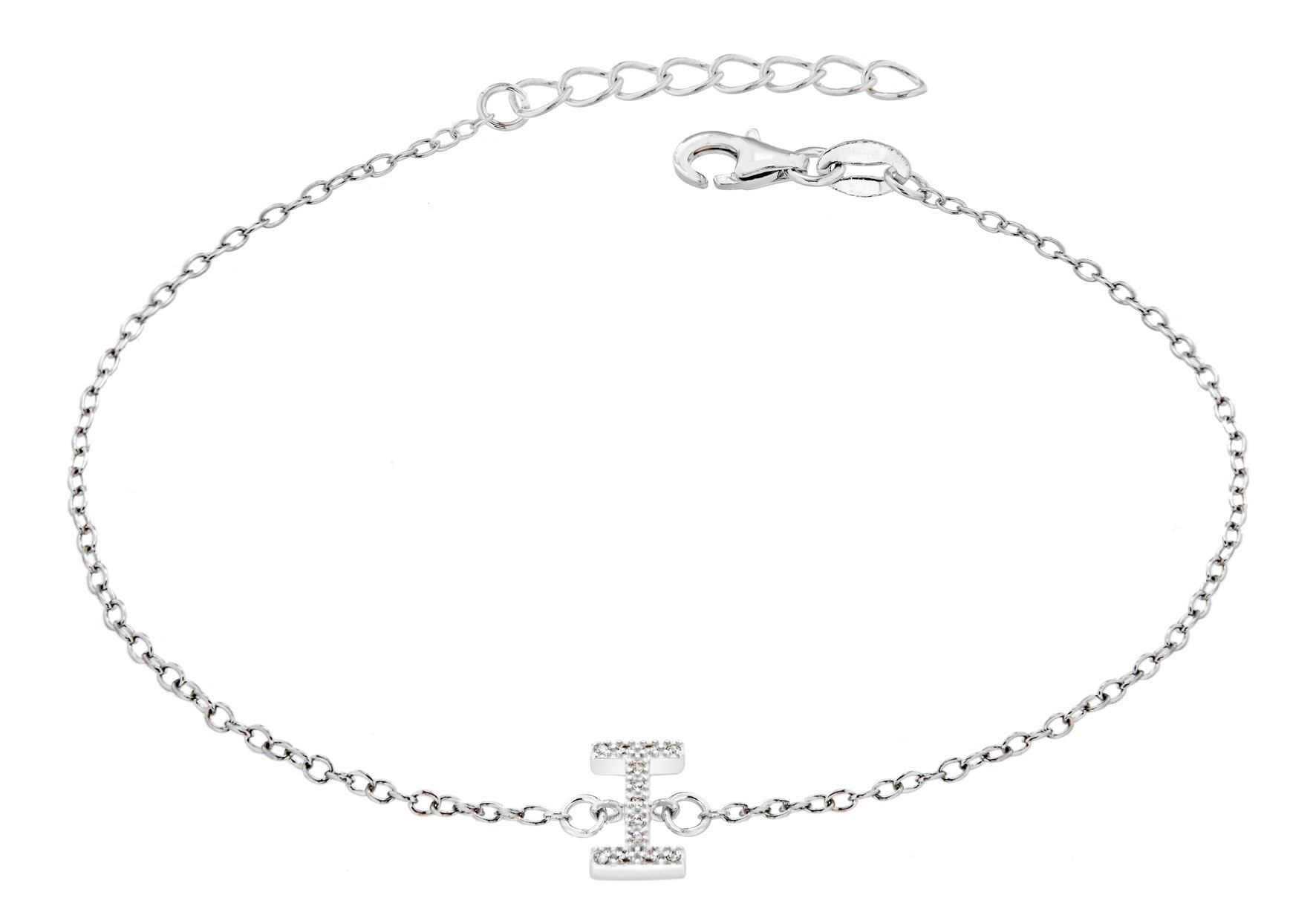 Sterling Silver Rhodium Plated Zirconia 'I' Initial Bracelet 19m/7.5"9