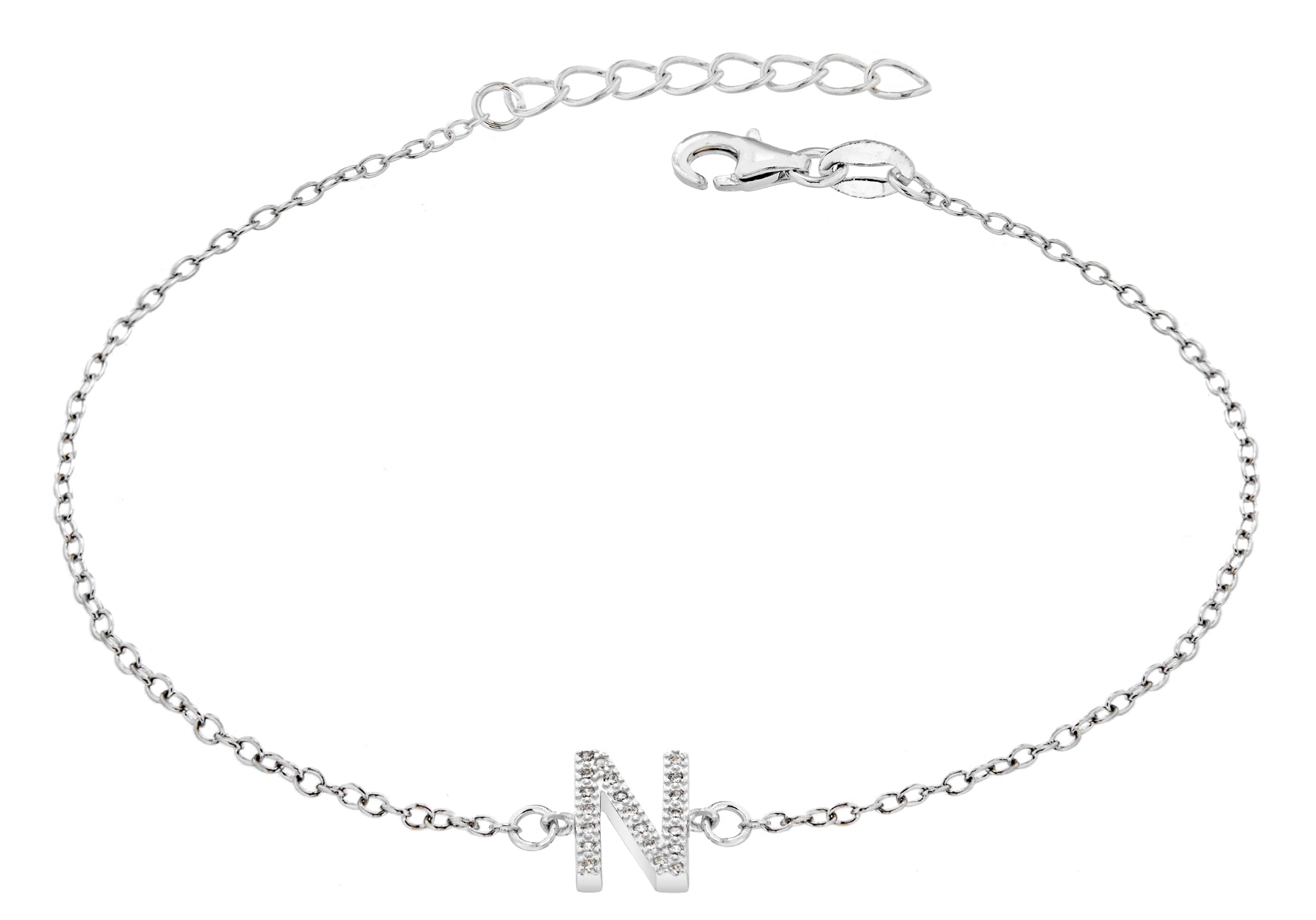 Sterling Silver Rhodium Plated Zirconia 'N' Initial Bracelet 19m/7.5"9