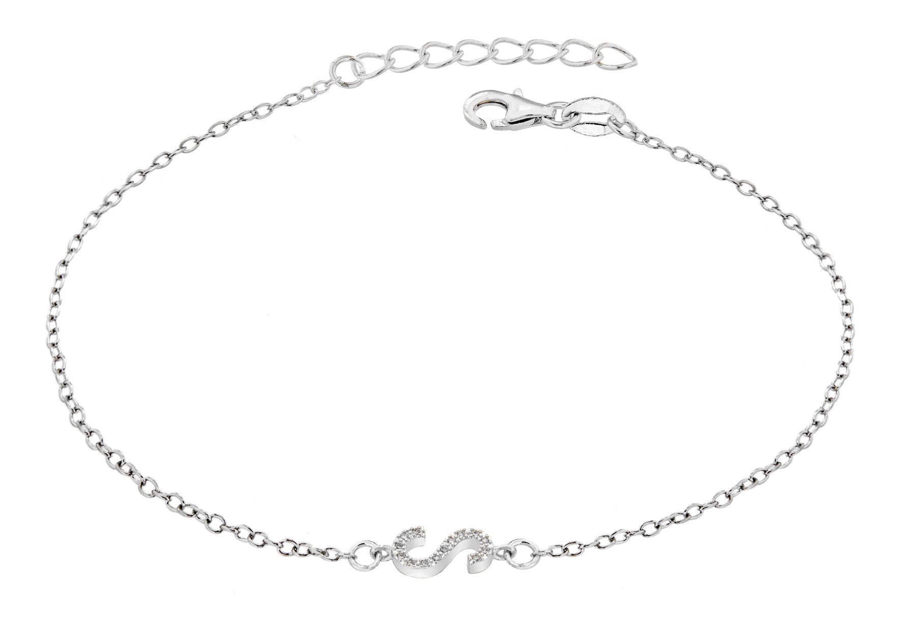 Sterling Silver Rhodium Plated Zirconia 'S' Initial Bracelet 19m/7.5"9