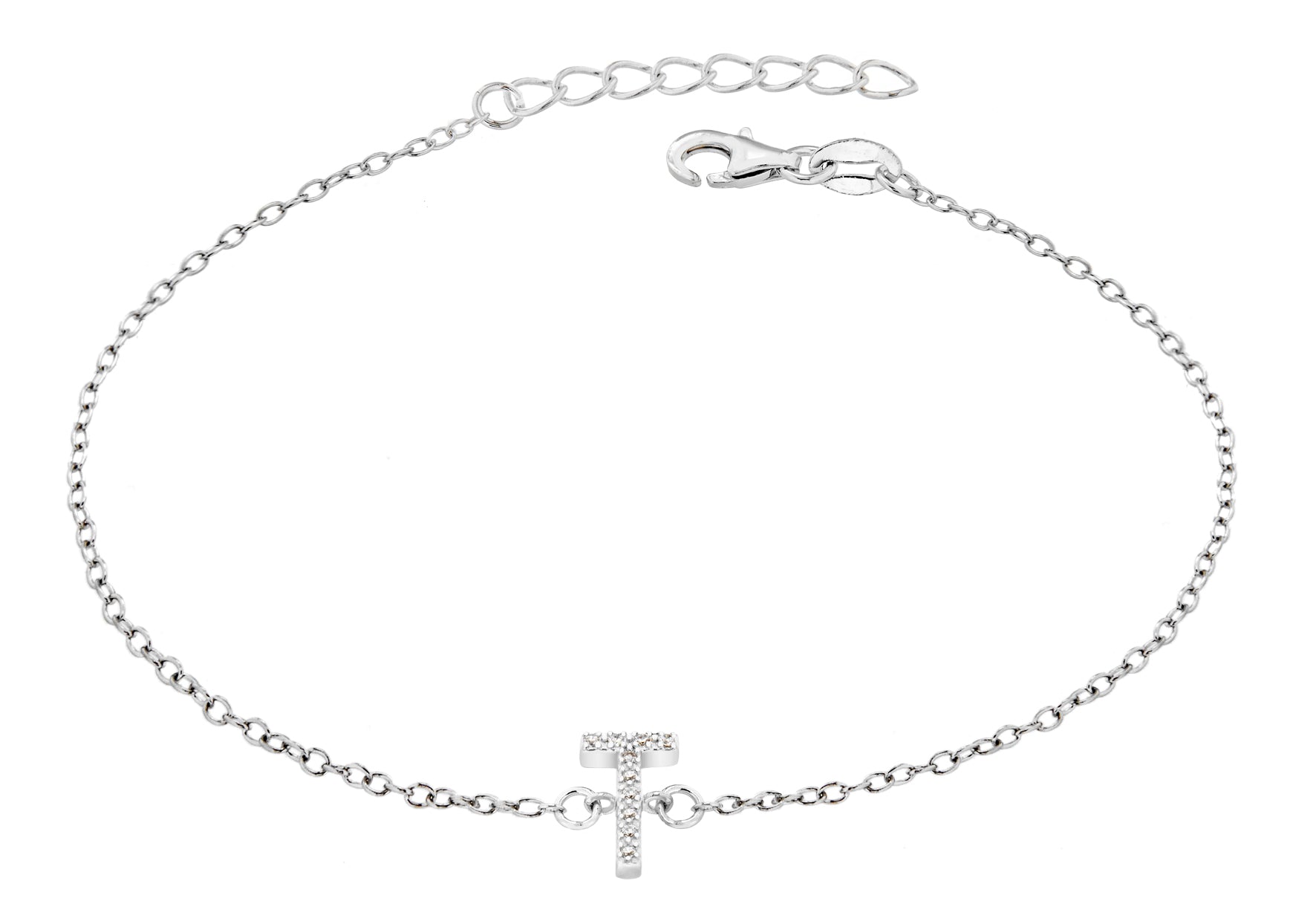 Sterling Silver Rhodium Plated Zirconia 'T' Initial Bracelet 19m/7.5"9