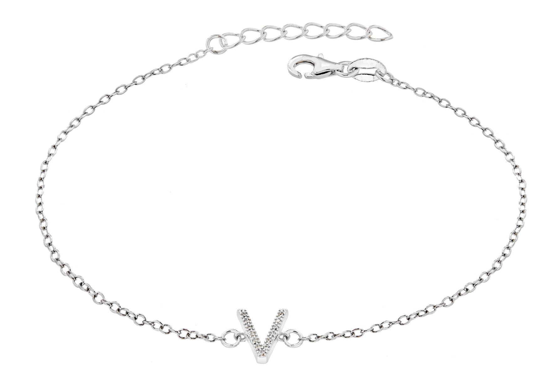 Sterling Silver Rhodium Plated Zirconia 'V' Initial Bracelet 19m/7.5"9