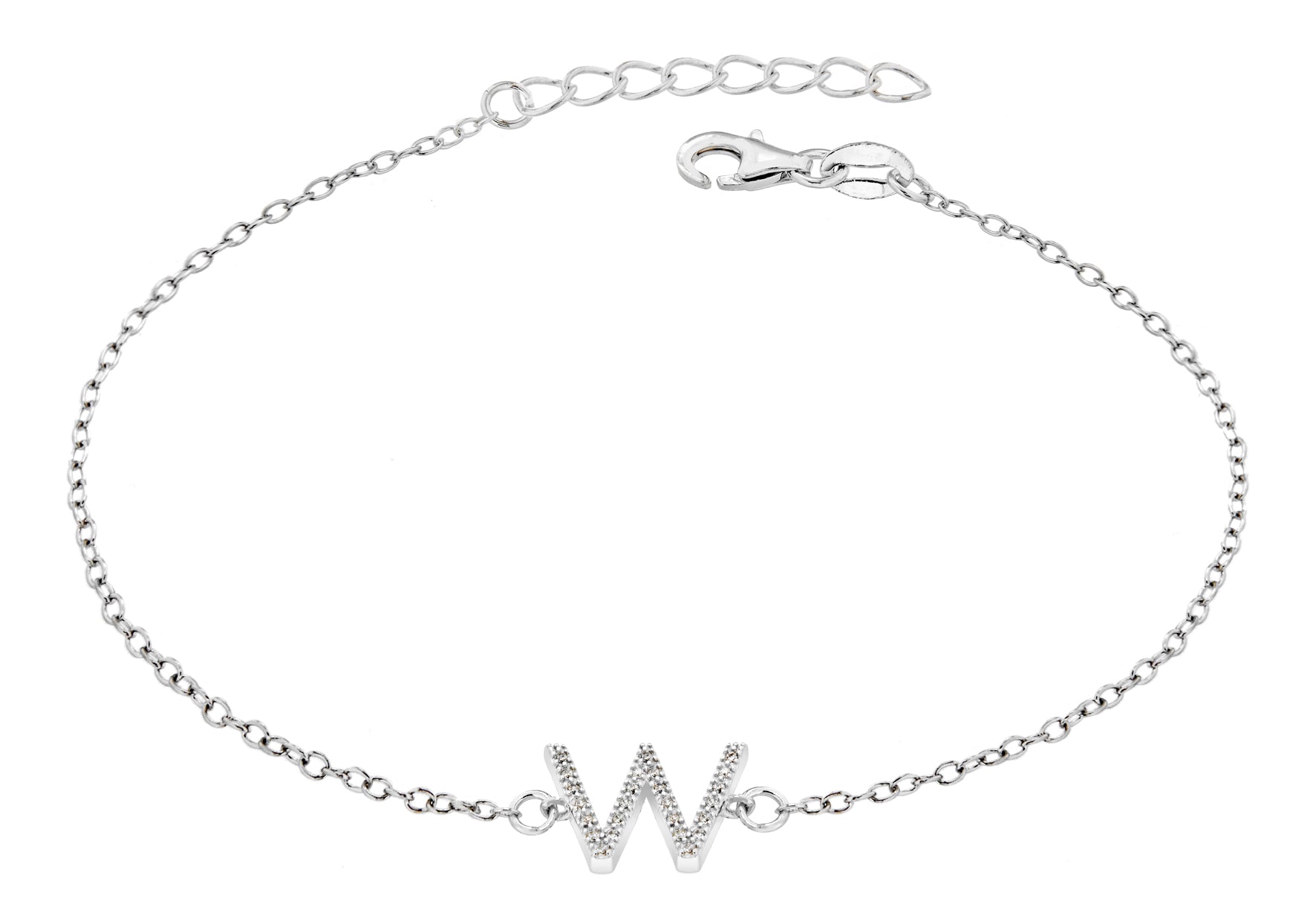 Sterling Silver Rhodium Plated Zirconia 'W' Initial Bracelet 19m/7.5"9