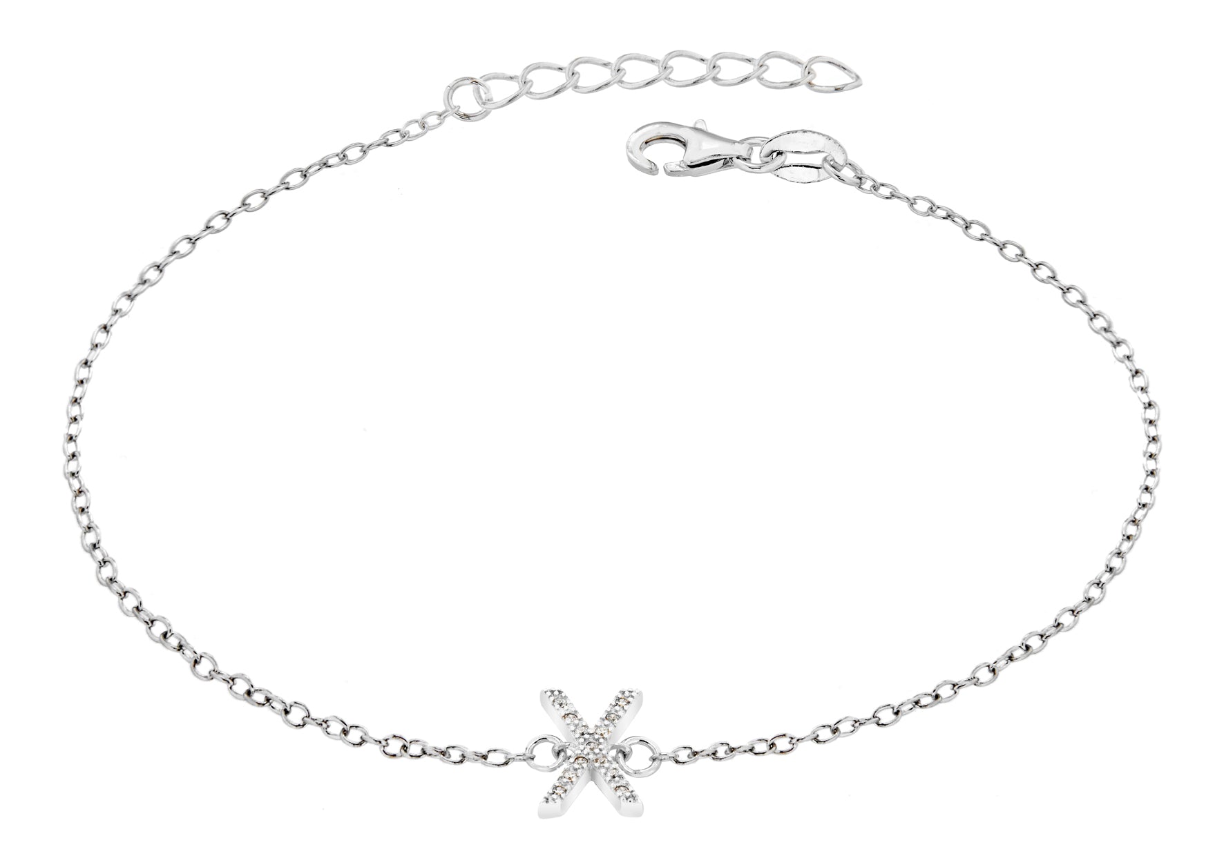 Sterling Silver Rhodium Plated Zirconia 'X' Initial Bracelet 19m/7.5"9