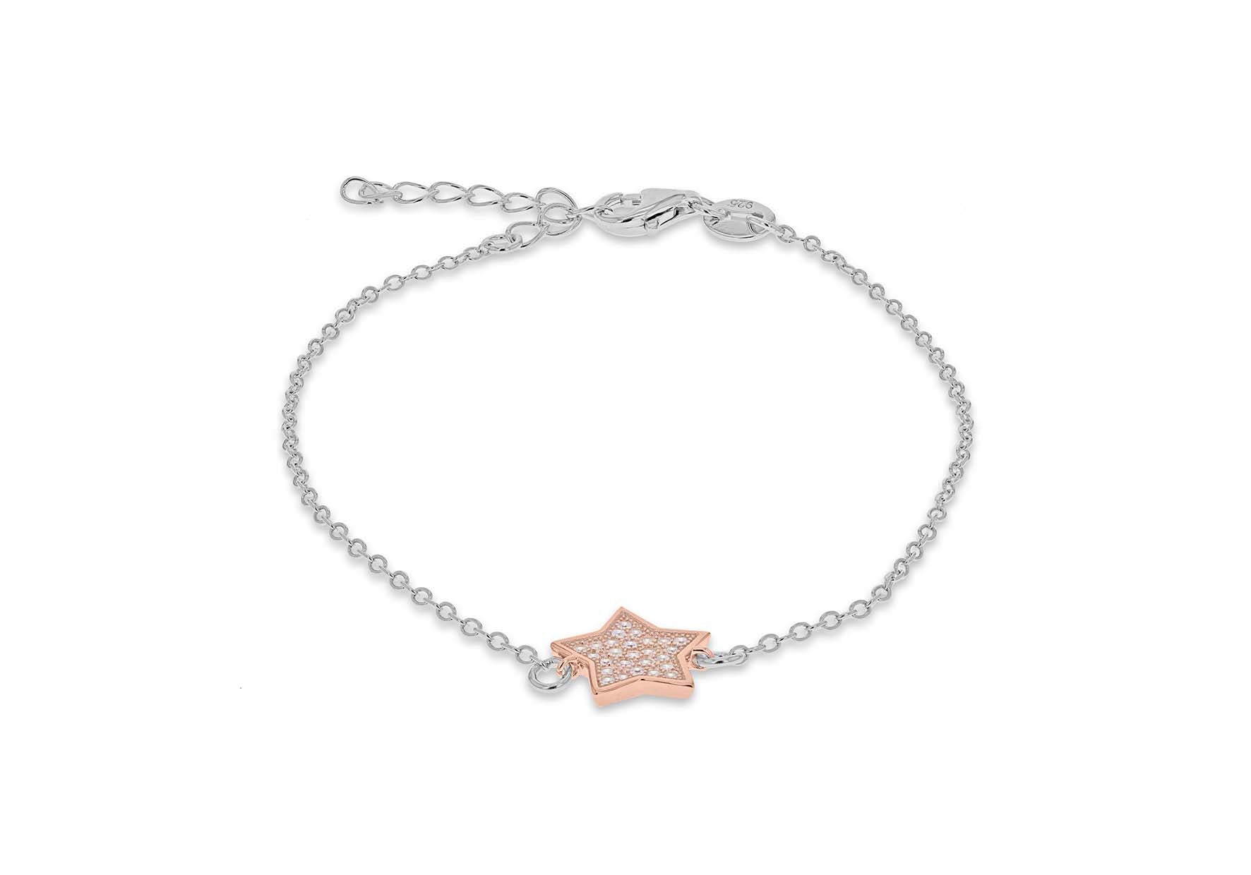 Sterling Silver Rhodium and Rose Gold Plated Zirconia 10.8mm x 10.4mm Star Bracelet 17m/6.5"-19m/7.5"9