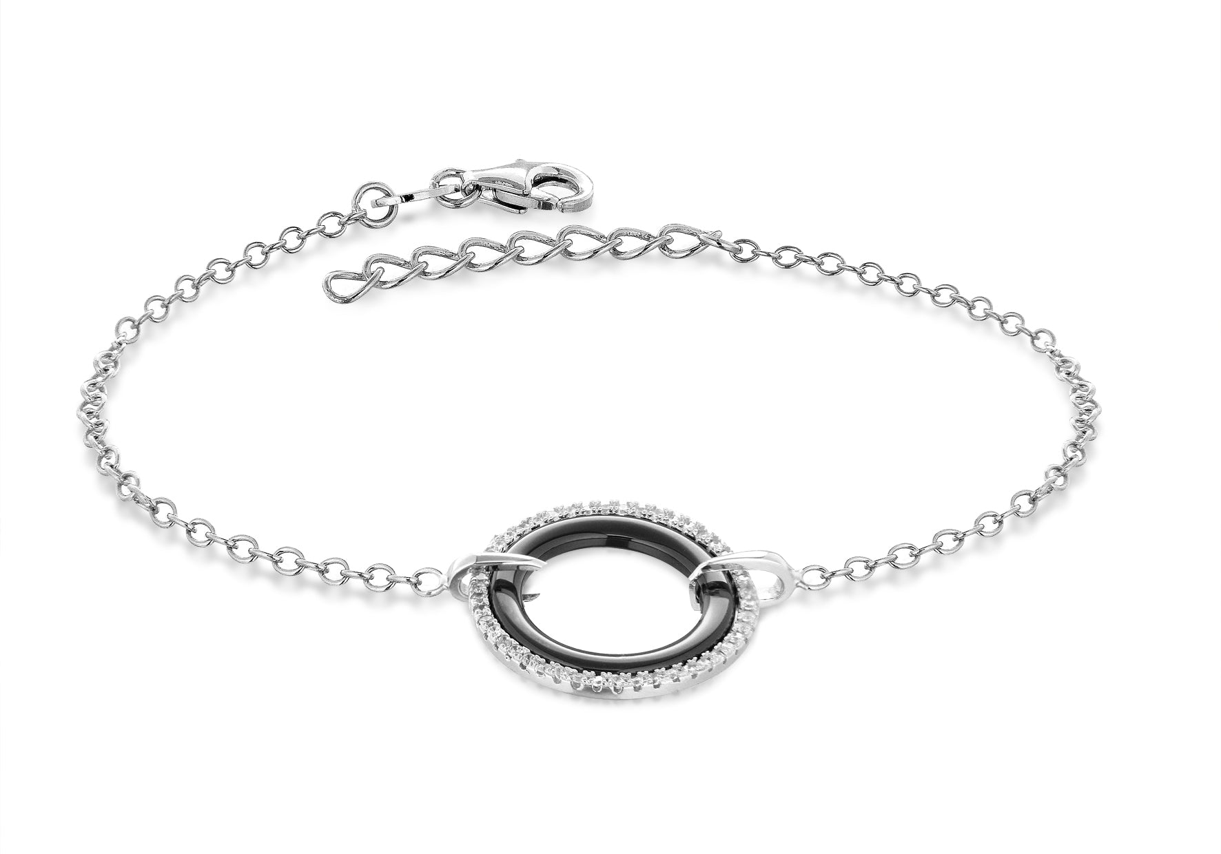Sterling Silver Rhodium Plated Pave Set Zirconia and Black Ring Bracelet 18m/7"9