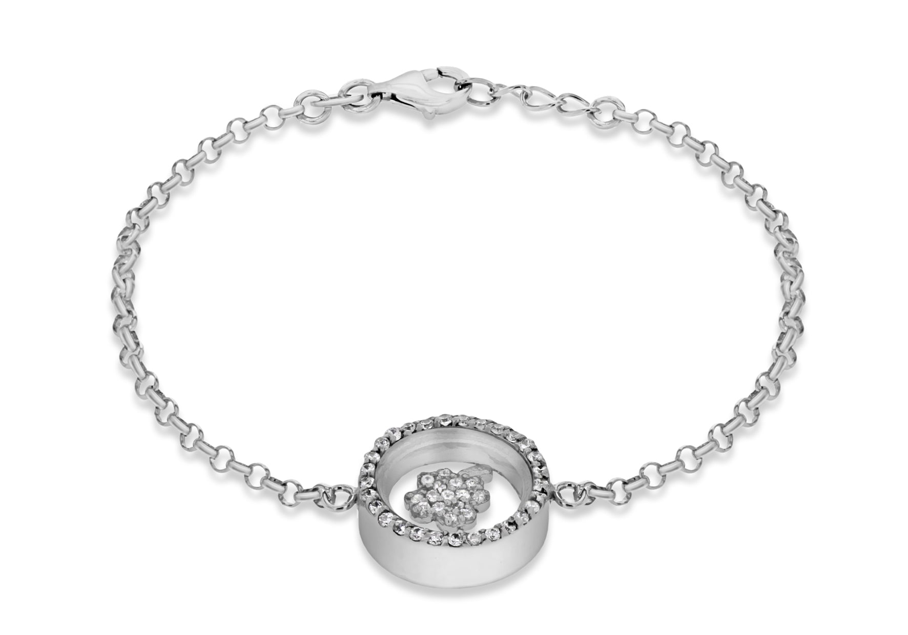 Sterling Silver Rhodium Plated Zirconia Floating Clover Adjustable Bracelet 16.5m/6.5" - 18m/7"9