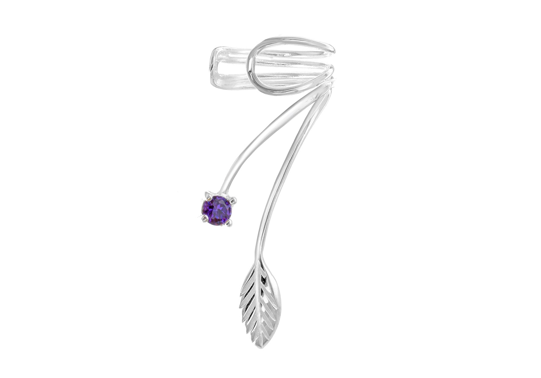 Sterling Silver Wire Leaf and Purple Zirconia Ear Cuff